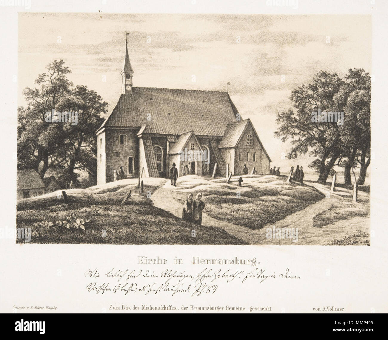 . Deutsch : Die Kirche St. Peter-Paul à Hermannsburg. Dans Druckbuchstaben indictment statement of Individual Responsibility : Kirche in Hermansburg. Steindr. c. F.Ritter, Hambg. Zum Bau des Missonschiffes Hermansburger, der Gemeine geschenkt von A. Vollmer ; dans deutscher Kurrentschrift : Wie lieblich sind deine Wohnungen, HErr Zebaoth ! Ein Tag in deinen Vorhöfen ist besser als tausend, sonst. Ps.84 L'Anglais : l'église à Hermannsburg Peter-Paul. Traduction du texte en lettres majuscules : église à Hermansburg. Pour la construction de la mission navire Candace, a fait don à la congrégation Hermansburg par A. Vollmer. Pri lithographique Banque D'Images