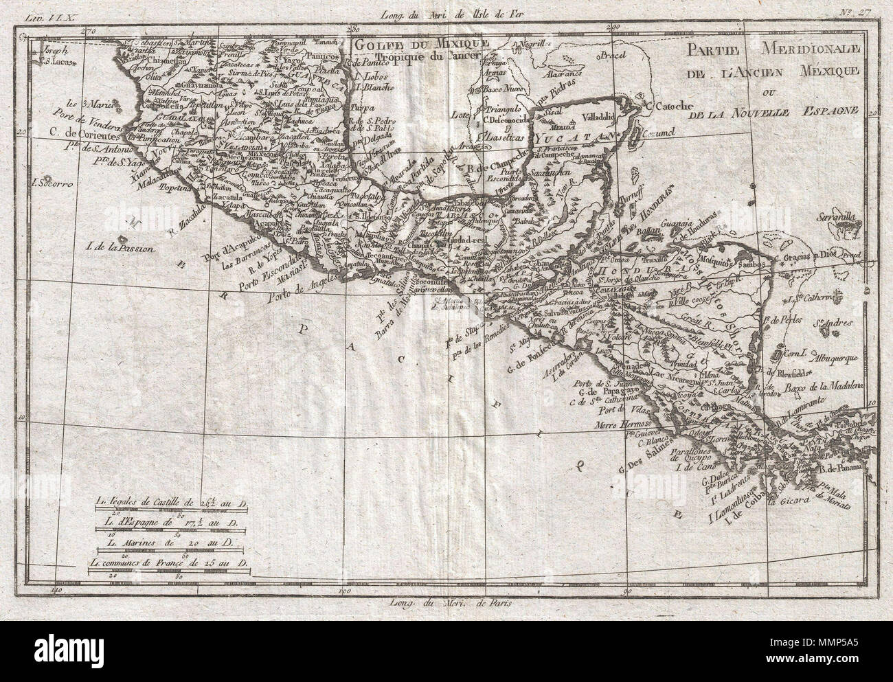 . Anglais : un bel exemple de Rigobert Bonne et Guillaume Raynal 1780 du site du sud du Mexique. Comprend la zone qui s'étend de Panama dans le sud, au Tropique du Cancer dans le nord. Comprend les nations modernes du Mexique, Guatemala, Panama, Honduras, Belize, Costa Rica, Nicaragua et El Salvador. Très détaillée, montrant les villes, rivières, certaines caractéristiques topographiques, d'importantes caractéristiques sous-marines et les frontières politiques. Dessiné par R. Bonne pour G. Raynal Atlas de toutes les parties connues du globe terrestre, dressé pour l'Histoire philosophique et politique des établissemens et du Com Banque D'Images