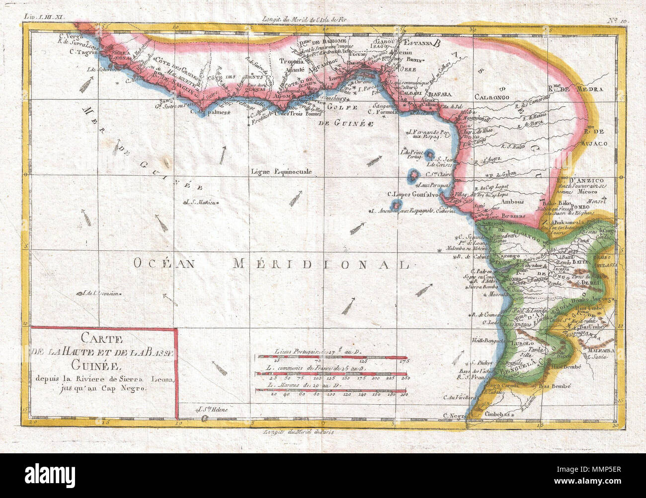 . Anglais : un bel exemple de Rigobert Bonne et G. Raynal's 1780 Carte de l'Afrique équatoriale de l'autre. Carte correspond à jour moderne le Liberia, Côte d'Ivoire, Ghana, Nigeria, Cameroun, Gabon, Congo et Guinée équatoriale. Caractéristiques communes, rivières, certaines caractéristiques topographiques, les courants marins et les frontières politiques. Dessiné par R. Bonne pour G. Raynal Atlas de toutes les parties connues du globe terrestre, dressé pour l'Histoire philosophique et politique des établissemens et du Commerce des Européens dans les deux Indes . Carte De La Haute Et De La Basse Guinée. 1780 (sans date). 1780 Raynal et bonne carte des Banque D'Images