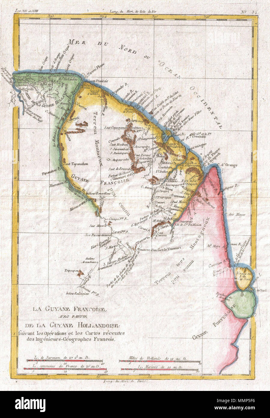 . Anglais : un bel exemple de Rigobert Bonne et Guilleme Raynal 1780 du site du nord-est de l'Amérique du Sud, représentant du Guyana (Guyane). Couvre les parties de la Guyana, Suriname néerlandais dans le nord, la Guyane française (Guyane), jour Mayapa moderne, un état brésilien, et le Cap de nord au sud. La plupart des données pour cette carte est tirée de records établis en vertu de la Compagnie néerlandaise des Indes, qui commercialisés dans l'ensemble de la région. Alors que les informations sont minimes, les établissements commerciaux et missions le long de la rivière Maroni et le Tammouri sont indiquées. De nombreux noms de villages et de tribus indiennes d'Amérique thro Banque D'Images