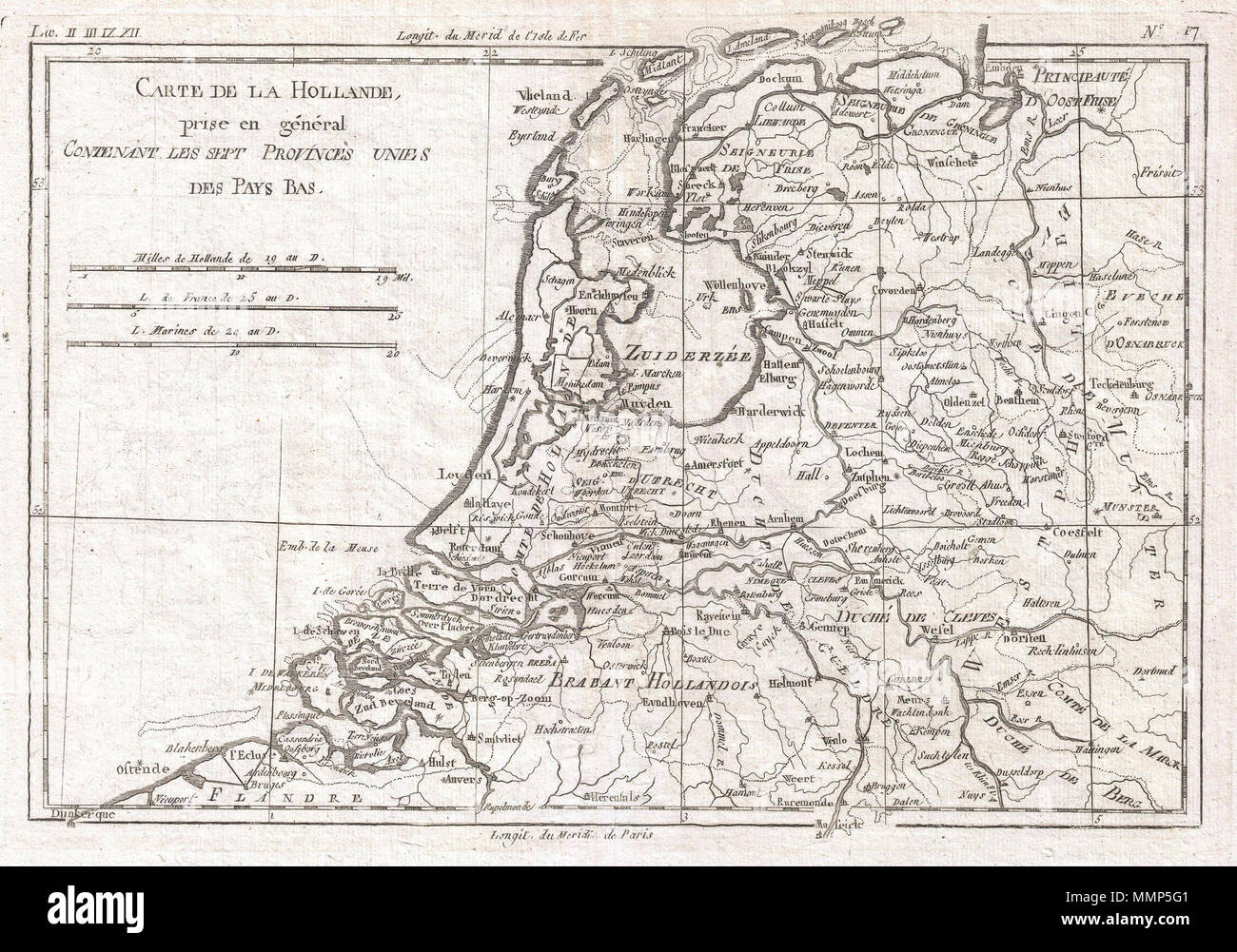 . Anglais : un bel exemple de Rigobert Bonne et Guilleme Raynal's 1780 Plan de Hollande. Les villes, rivières, présente certaines caractéristiques topographiques, les frontières politiques et les routes importantes. Certains hauts-fonds offshore sont également notées. Dessiné par R. Bonne pour G. Raynal Atlas de toutes les parties connues du globe terrestre, dressé pour l'Histoire philosophique et politique des établissemens et du Commerce des Européens dans les deux Indes . Carte de la Hollande, Prise en général contenant les Sept Provinces Unies des Pays Bas.. 1780 (sans date). 1780 Raynal et bonne carte des Pays-Bas et Belgique - Geographicu Banque D'Images