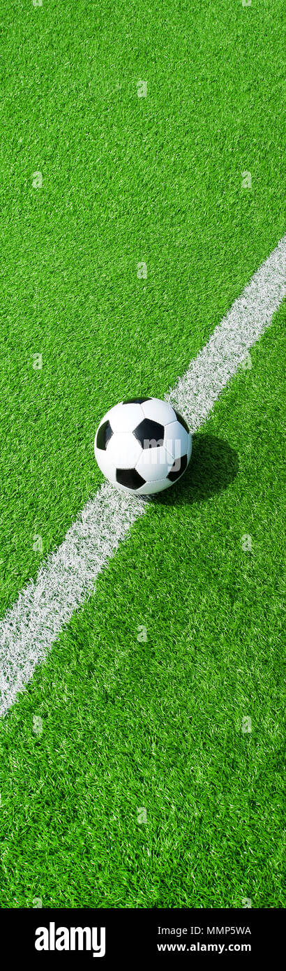 Ballon de football sur terrain vert, format panoramique, le format du panneau sur la ligne médiane, bannière football Banque D'Images
