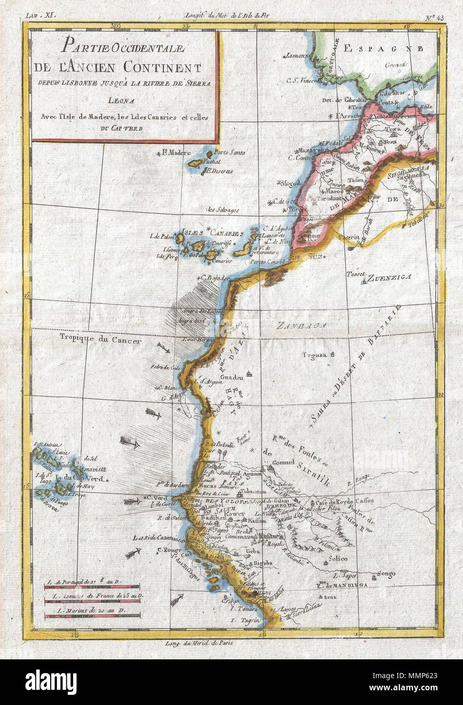 . Anglais : un bel exemple de Rigobert Bonne et G. Raynal's 1780 Carte de l'Afrique de l'Ouest. Cette zone correspond au jour moderne Maroc, Sahara occidental, la Mauritanie et l'Algérie. Comprend les îles Canaries, l'île de Madère, et les îles du Cap Vert. Offre un minimum de détail à l'intérieur des terres en raison de la rareté des connaissances sur l'intérieur du continent à l'époque. L'exception est le Sénégal et Gambie vallées s'étendant à l'intérieur des terres du Cap Vert, qui à l'époque venaient d'être cartographiés par les explorateurs et missionnaires. Flèches et hachures montre quelques o f les courants océaniques et les vents qui ont fait de ce reg Banque D'Images