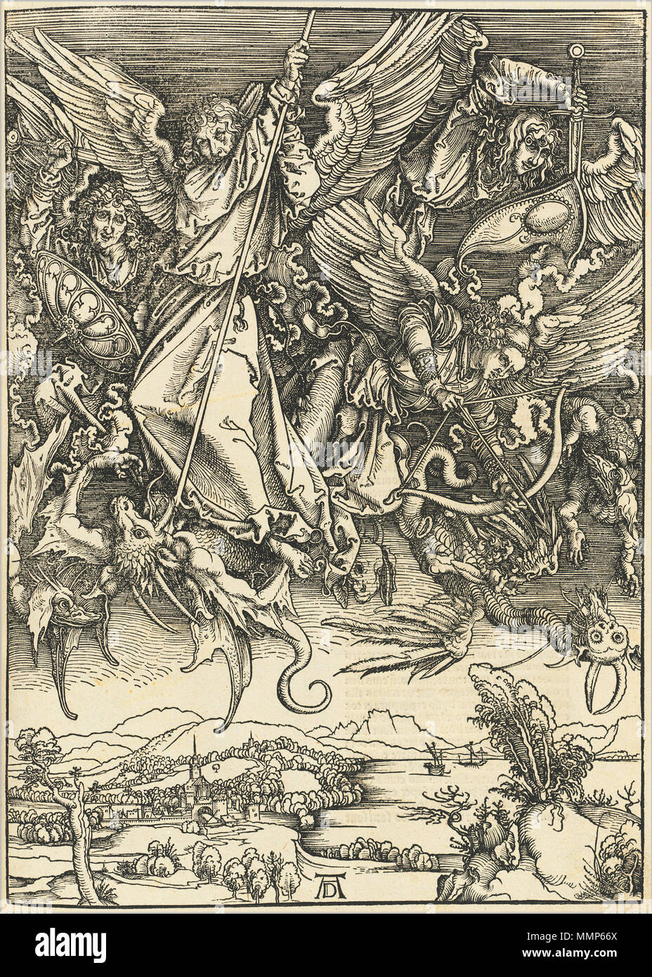 D12628.jpg Albrecht Dürer, Saint Michel combattant le dragon, Allemand, 1471 - 1528, probablement c. 1496/1498, woodcut, Rosenwald Collection Albrecht Dürer - Saint Michel combattant le dragon (NGA 1980.45.456.rr) Banque D'Images
