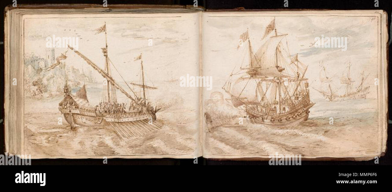 . Nederlands : Tekening : zeeslag tussen een Spaanse galei een Hollandse driemaster. Pen en bruine, bruin inkt gewassen en blauw. Gesigneerd : ANNONCE Willars. Volgens Vignau voert de galei de vlag van de Spaanse met het Habsburgers Bourgondische andreaskruis, en het andere schip de prinsenvlag en de vlag remplies de Nederlandse leeuw. À partir de voorsteven wordt geschoten, op de achtergrond naderen andere schepen. Adam Willaerts (1577-1664), afkomstig uit een Antwerpse familie, woonde en werkte sinds environ 1602 als schilder à Utrecht. En 1611 a été hij rencontré Moreelse oprichter van het St. Lucasgilde, waarva Banque D'Images