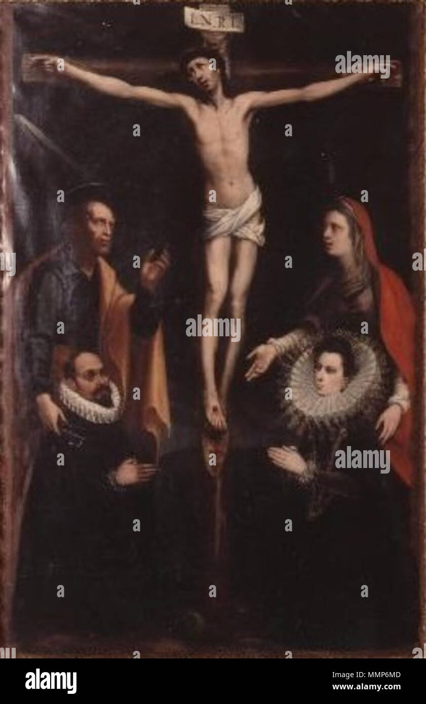 . Español : Cristo crucificado con la Magdalena, San Pedro y los donantes, óleo sobre lienzo, 170 x 1107 cm, Toledo, Museo de Santa Cruz . 1605. Alejandro Semini Alejandro semini Banque D'Images