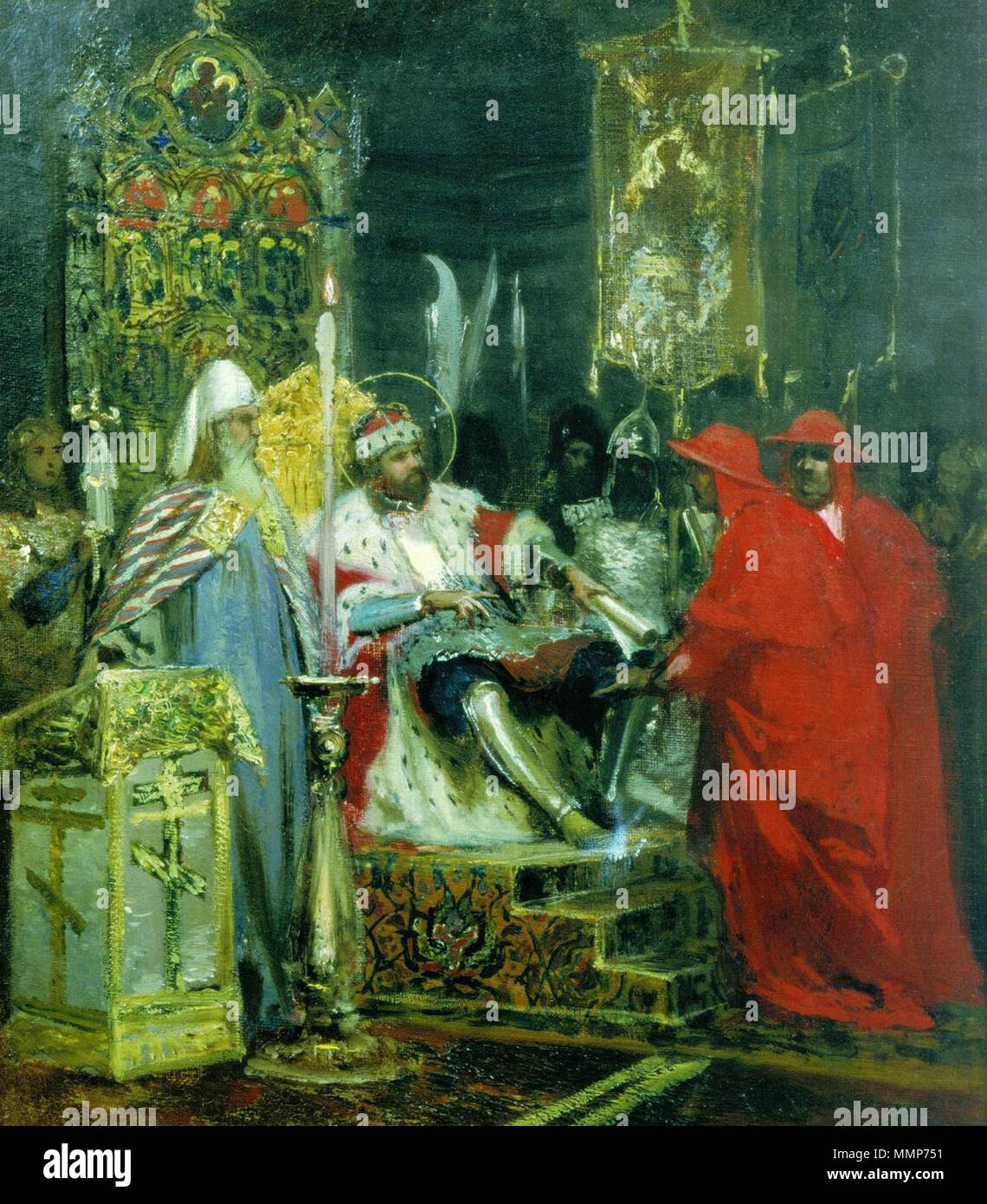 . Anglais : esquisse pour la fresque de la Cathédrale du Christ Sauveur à Moscou. Le prince Alexandre Nevsky recevant Légats. 1876. Alexander Nevskiy recevant légats par Siemiradzki (croquis, Musée Russe) Banque D'Images