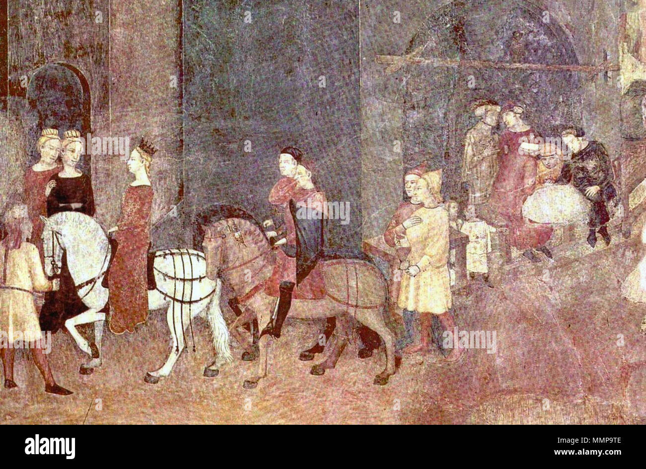 Ambrogio Lorenzetti, l'allégorie du Bon gouvernement, le Palazzo Publico,  Sienne. Détail, en bas à gauche. . 1340. Ambrogio Lorenzetti (1290-1348)  Nom de naissance Autres noms : Ambrogio Laurati peintre italien Description