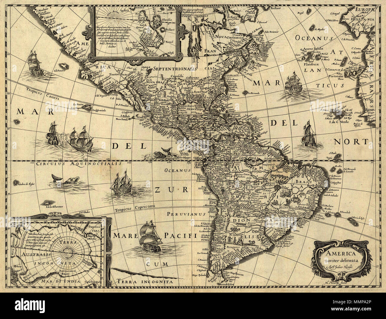 . Latina : America noviter delineata / auct. Jodoco Hondio ; H. Picard fecit. Anglais : Nord délimité nouvellement / par Jodocus Hondius, gravée par H. Picard. Un 17e siècle plan de l'Amérique. Ca à l'échelle. 1:45 000 000. La carte varie de 125° W-W 5° et N° 70-S 60°. Comprend également des cartouches des régions polaires. Français : L'amérique nouvellement cartographiée / Par Jocodus Hondius, gravé par H. Picard. Une carte des Amériques du XVIIe siècle. Echelle : environ 1 h 45 000 000. La carte couvre un espace allant de 5°W à 125°W et de 60°S à 70°N. Par contre, elle also in encarts les régions polaires. . Jodocus Député Banque D'Images