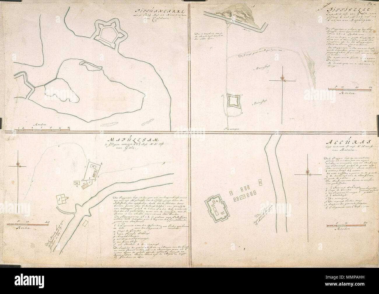 . Nederlands : Titel catalogus Leupe (NA) : Plan van Pittuancarre, 1 a 1,5 in het noordoosten van Caliture Roeden gelegen ; 12  = 109 ; strep. omgerekende schaal [1 : 414] ; VEL1076a : Plan van de Pagger Mapulegam, gelegen omtrent 6 a 7 myl N.N.O. Roeden van Gale ; 20  = 81 ; strep. omgerekende schaal [1 : 929] ; Legenda : L-S ; VEL1076b : Plan als voren, van Pittugelle, gelegen naar gissing 6 myl O. van Gale ; 30 Roeden  = 82 ; strep. omgerekende schaal [1] ; 1377 : Legenda : A-B ; VEL1076c : Plan als voren, van Accuras, gelegen omtrent myl 5 N.N.W. Mature ; 20 van Roeden  = 75 ; strep. omgerekende schaal [1 : 1004 Banque D'Images