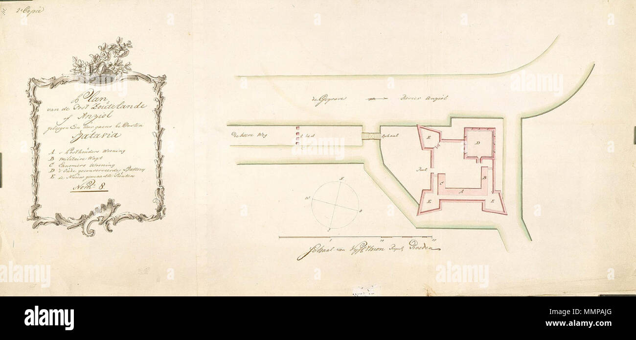 . Nederlands : Titel catalogus Leupe (NA) : Plan van de poster Zoutelande de Anziol geleegen, een uur gaans beoosten Batavia. Op de kaart staat : 2e copie. Notities verso : No 8.b. [Linksboven rechtsboven zowel staat als]. Volgens de catalogus Leupe est cette carte een kopie uit 1764 naar de situatie van 1762. Anglais : D'après le catalogue Leupe (NA), le titre original se lit comme suit:van de Plan de Zoutelande Post, Anziol geleegen beoosten gaans een uur Batavia. Le plan est marqué : 2e copie. Notes sur la marche arrière : No 8.b. [Écrite dans le haut à gauche et en haut à droite]. Selon le catalogue Leupe Banque D'Images