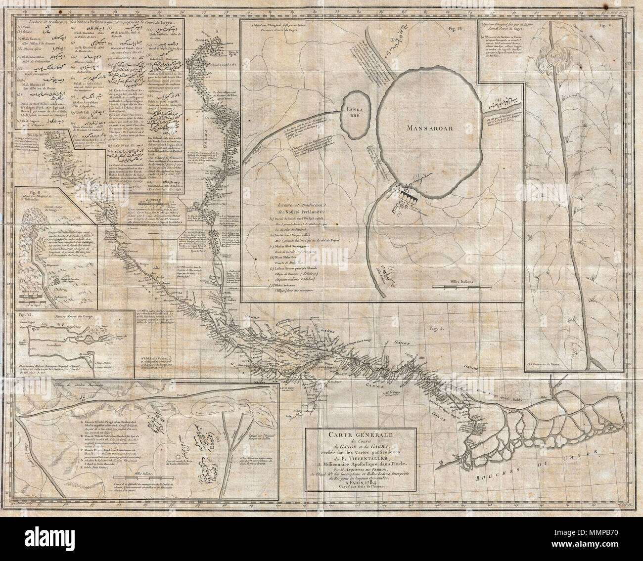 . Anglais : rare et remarquable découverte c'est Joseph Tiefenthaler et Anquetil-Duperron est important 1784 site du Gange et Ghaghara (système de la rivière Karnali). Dans son ensemble cette carte est une importante amélioration par rapport au plus tôt les correspondances de cette région, comme en témoignent les œuvres de De L'Isle et d'autres. Présentés ici sont en fait six cartes sur une seule feuille. La carte centrale (Fig. 1), par tout le cours de la Sumène et la Ghaghara rivières, est de style européen carte produite par Tiefenthaler fondées sur ses propres voyages et quadrant sondages ainsi que sur la cartographie des populations autochtones qu'il a recueillies Banque D'Images