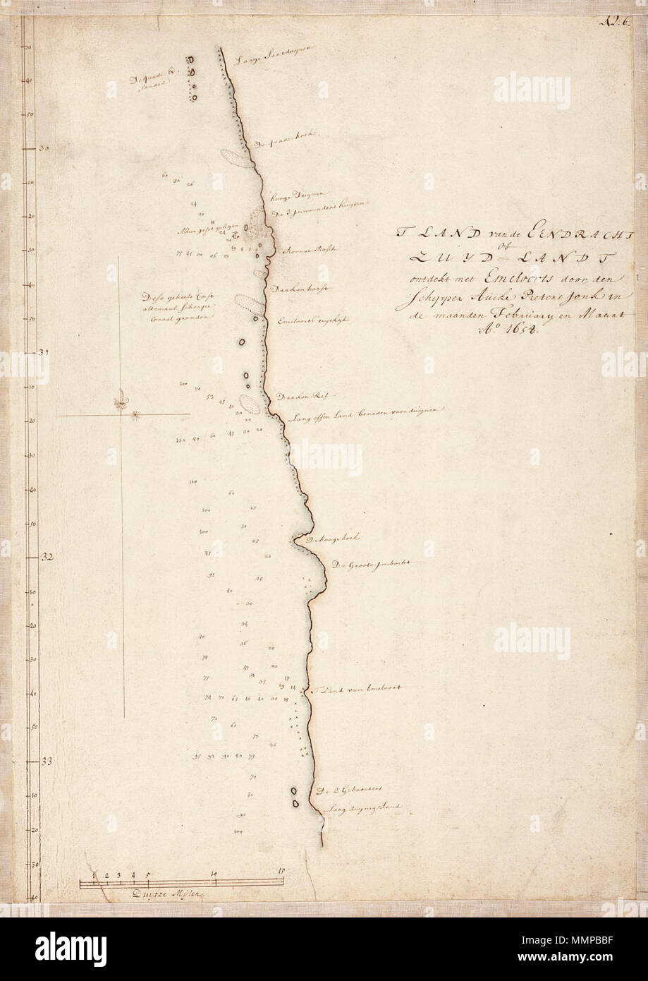 . Nederlands : Titel dans catalogus Leupe (Nationaal Archief) : Kaart wordt bedoeld als voren, hier de titel van VEL0503 : Kaart van 't Lant van afbeeldinge Eendracht, arrêt van Zuytlandt ontdect «t, porte den schipper Aucke Pietersz. Jonck, in de maendt Maert en février 1658, Ao, rencontré Emeloort. Rechtsboven genummerd : 42:b. De kaart est op linnen katoen/geplakt. De kaart est naar een origineel vervaardigd uit 1658. Anglais : titre dans le catalogue Leupe (Archives nationales) : Kaart als voren, 'Map' comme avant, se référant à l'intitulé de VEL0503 : Kaart van 't Lant van Eendracht, off van 't Zuytla afbeeldinge Banque D'Images