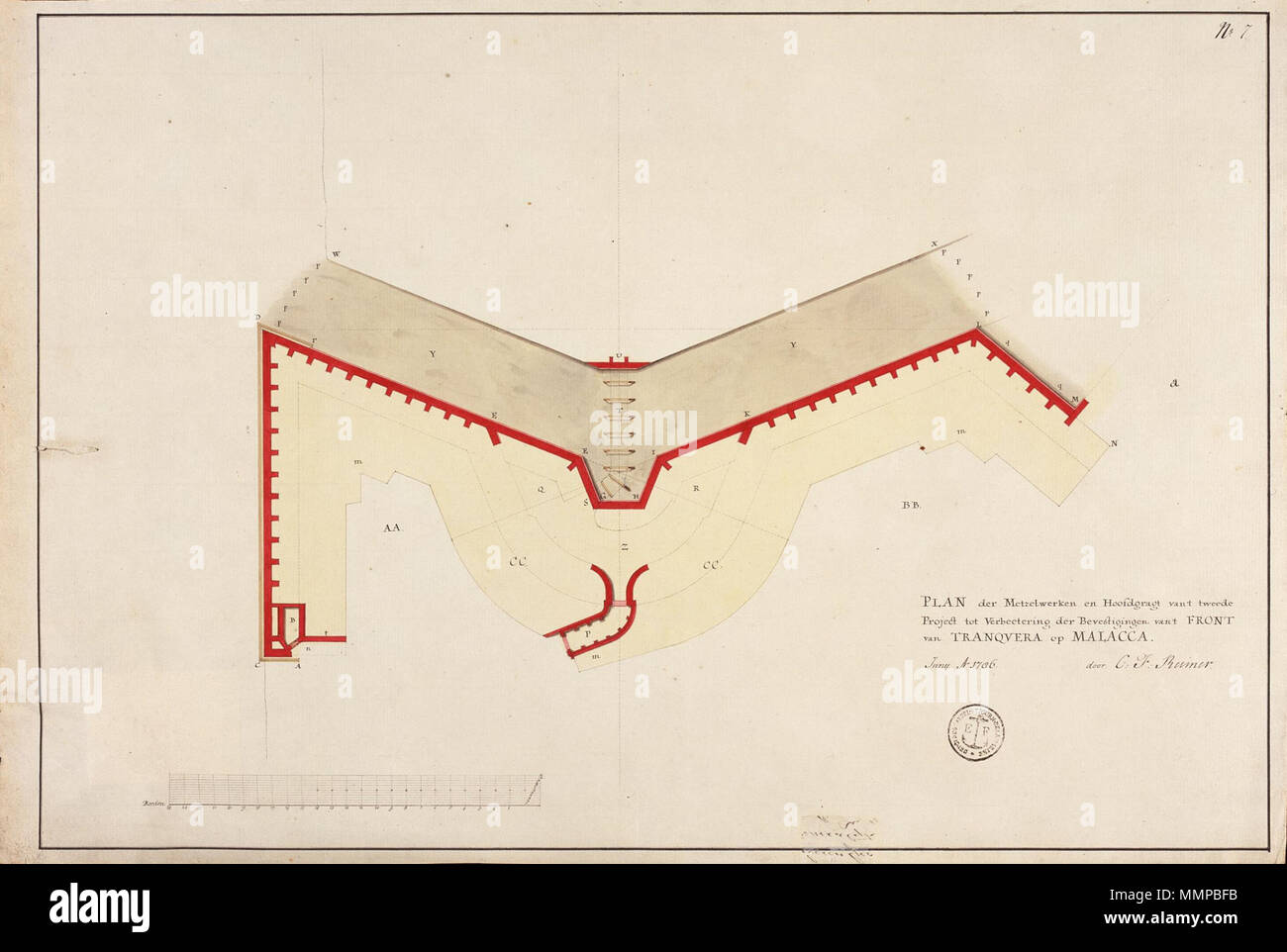 . Nederlands : Titel catalogus Leupe (NA) : Profielen enz. hiertoe behoorende, ; van diverses grootte en afmetingen, rencontré 'hiertoe' wordt bedoeld VEL1117. Rechtsboven genummerd : n° 7 : verso Notities no 7G, reg 6 / 597 potlood [en]. Anglais : titre dans le catalogue Leupe (NA) : Profielen enz. hiertoe behoorende, ; van diverses grootte en afmetingen, ici 'hiertoe' ('à ce') renvoie à VEL1117. En haut à droite : numérotée n° 7 Notes relatives à l'inverse : No 7G, reg 6 / 597 [au crayon]. Nederlands : Profielen behorende bij het fort Tranquera te Malakka English : Adulte concernant le fort de la Tranquera Banque D'Images