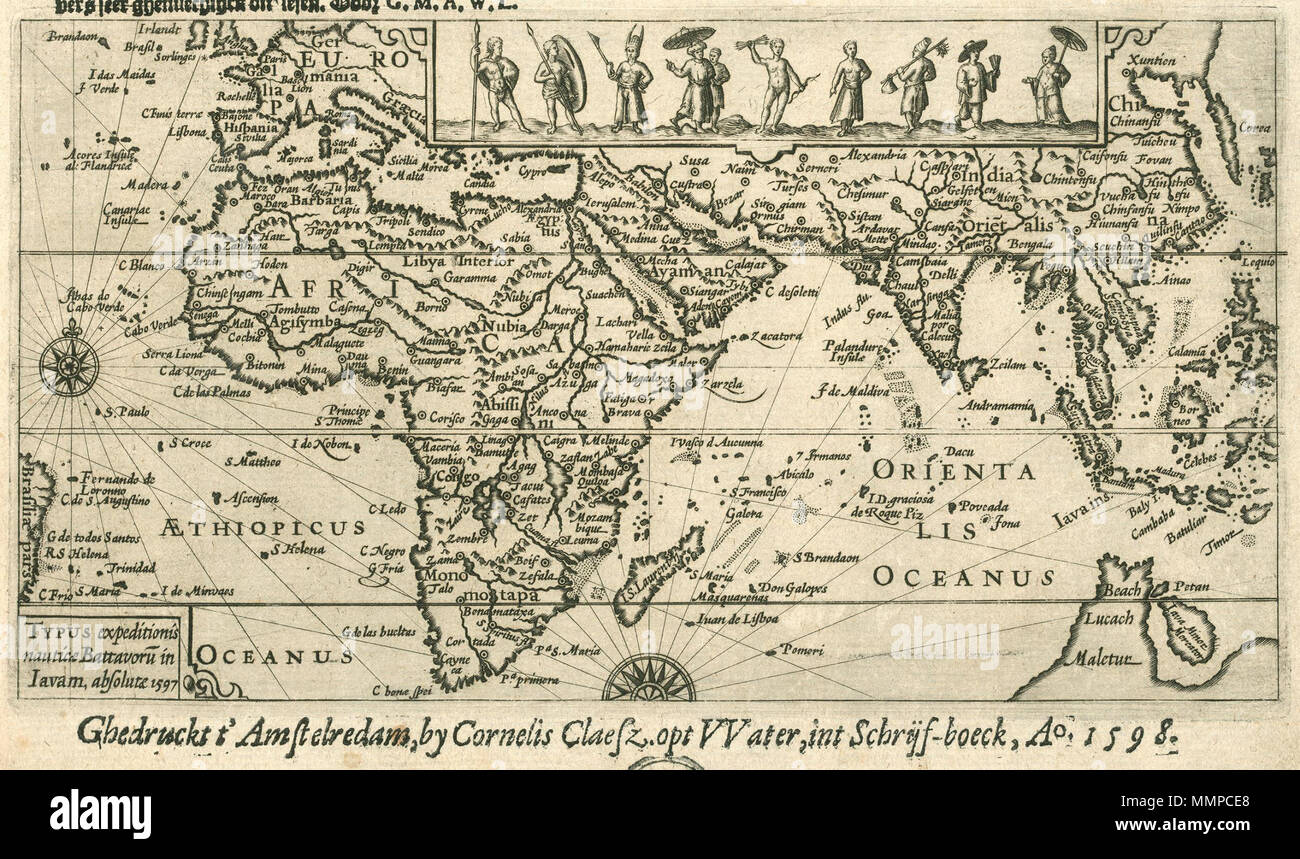 . Nederlands : Kaart van Europa, Afrika en Europe, inzet rencontré bewoners van diverses gebieden. Typus expeditionis nautice Battavoru Iavam absolutae en 1597,. Ten Zuiden van Indonesië is een deel van het dan nog onbekende Australië afgebeeld. De figuren uit de inzet komen terug op de visuels anciens in het boek. Anglais : Carte de l'Europe, d'Afrique et d'Asie, l'Encart d'habitants de différentes régions. Typus expeditionis nautice Battavoru Iavam absolutae en 1597,. Une partie de l'encore inconnu alors l'Australie est représenté, au sud de l'Indonésie. Les chiffres représentés dans les cartouches dans les illustrations de retour e Banque D'Images . Nederlands : Kaart van Europa, Afrika en Europe, inzet rencontré bewoners van diverses gebieden. Typus expeditionis nautice Battavoru Iavam absolutae en 1597,. Ten Zuiden van Indonesië is een deel van het dan nog onbekende Australië afgebeeld. De figuren uit de inzet komen terug op de visuels anciens in het boek. Anglais : Carte de l'Europe, d'Afrique et d'Asie, l'Encart d'habitants de différentes régions. Typus expeditionis nautice Battavoru Iavam absolutae en 1597,. Une partie de l'encore inconnu alors l'Australie est représenté, au sud de l'Indonésie. Les chiffres représentés dans les cartouches dans les illustrations de retour e Banque D'Images
