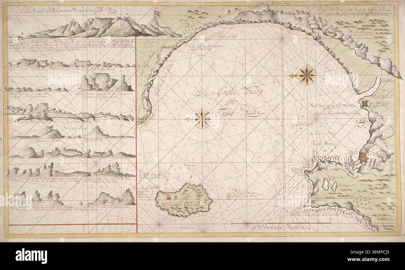 . Nederlands : Titel catalogus Leupe (NA) : Kaart van de 'De Goede Hoop ofte Baay Tafel'. Acht landverkenningen ont rencontré. Rencontré gedrukte kompaslijnen. Anglais : titre dans le catalogue Leupe (NA) : Kaart van de 'De Goede Hoop ofte Baay Tafel'. Acht landverkenningen ont rencontré. Imprimé avec les lignes de la boussole. Nederlands : Kaart van de baai Tafel English : Plan de Table Bay . Entre 1700 et 1750. Nederlands : Anoniem / Anonyme / kaartenmaker (landmeter) Anglais : Anoniem / Anonyme (géomètre / cartographe) AMH-6710-NA Plan de Table Bay Banque D'Images