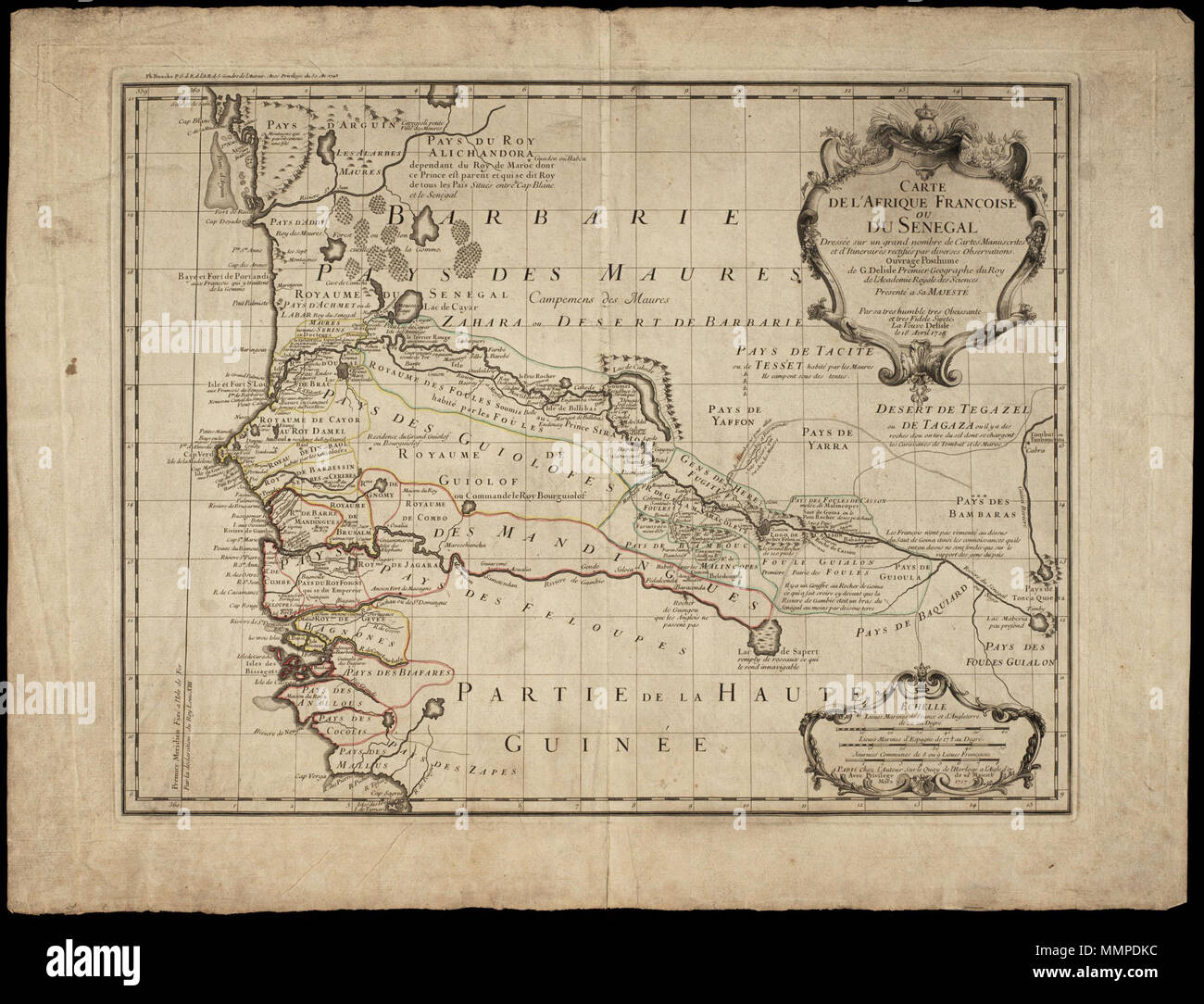 . Nederlands : Kaart van au Sénégal. Titel catalogus Leupe : Carte de l'Afrique Françoise ou du Sénégal. Carte de l'Afrique Françoise ou du Sénégal. Uitgegeven door La Veuve Delisle te Parijs. Notities verso : 442 p / N° 7 Reg 7. Anglais : Carte du Sénégal. Titre dans l'Leupe catalogue : Carte de l'Afrique Fran ? ?OISE ou du Sénégal. Carte de l'Afrique Fran ? ?OISE ou du Sénégal. Publié par la veuve Delisle à Paris. Notes sur la marche arrière : 442p / N° 7 Reg 7. Nederlands : Kaart van Sénégal English : Carte du Sénégal . 1727. Créateur:Guillaume L'Isle Nederlands : Guillaume L'Isle (uitgever) Anglais : Guillaume L Banque D'Images