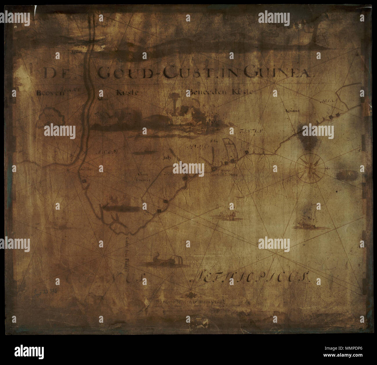 . Nederlands : Kaart van de Goudkust. Titel catalogus Leupe (NA) : De Goudkust en Guinée. De Goud-Cust en Guinée. De kaart verkeert in een smerig spul materiële staat. Anglais : Carte de la Côte d'or. Titre dans le catalogue Leupe (NA) : De Goudkust en Guinée. De Goud-Cust en Guinée. Le tableau est en mauvaise condition physique. Nederlands : Kaart van de Goudkust English : Carte de la Côte d'Or . Entre 1600 et 1700. Nederlands : Anoniem / Anonyme / kaartenmaker (landmeter) Anglais : Anoniem / Anonyme (géomètre / cartographe) AMH-7741-NA Carte de la Côte d'Or Banque D'Images