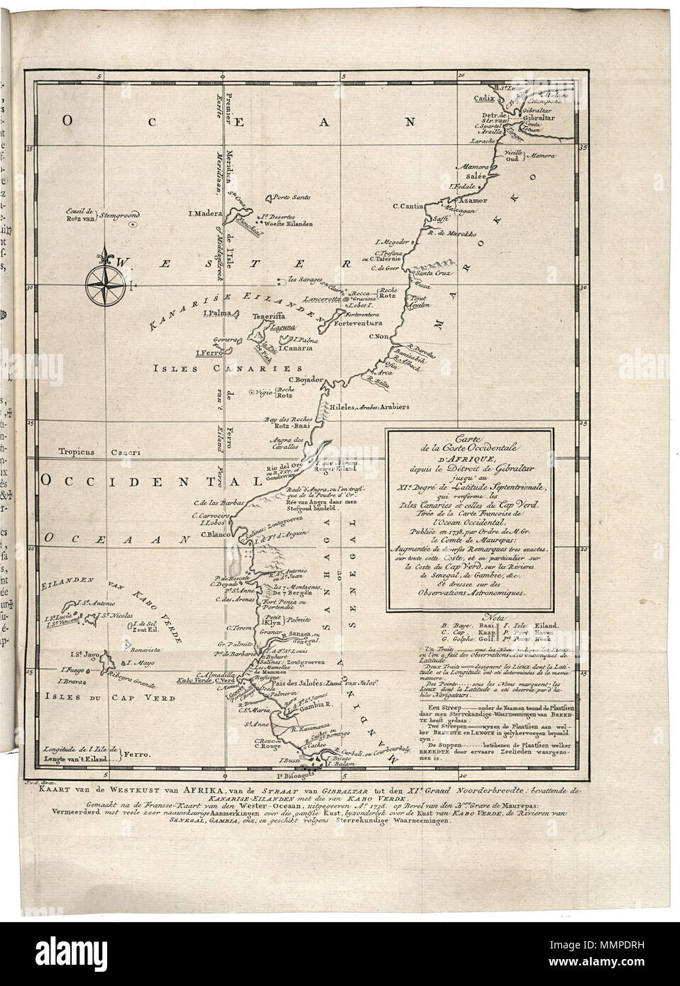 . Nederlands : Kaart van de westkust van Afrika, van Gibraltar tot de 9e graad. noorderbreedte Kaart van de Westkust van Afrika, van de Straat van Gibraltar tot den Noorderbreedte bevattende XIe Graad : de / Kanarise-Eilanden rencontré die van Kabo Verde. Carte de la Coste occidentale d'Afrique, depuis le Détroit de Gibraltar jusqu'au XIe Degré de latitude Septentrionale, qui renferme les Isles Canaries et celle ud Cap Vert. Nota : LEGENDA / B. Baye. Baai. / C. Pac. Kaap. / G. Golphe. Le Golf. / I. Isle. Eiland. / P. Port. Véritable havre de paix. Pt. Point. Hoek. Anglais : Carte de la côte ouest de l'Afrique, de Gibraltar Banque D'Images