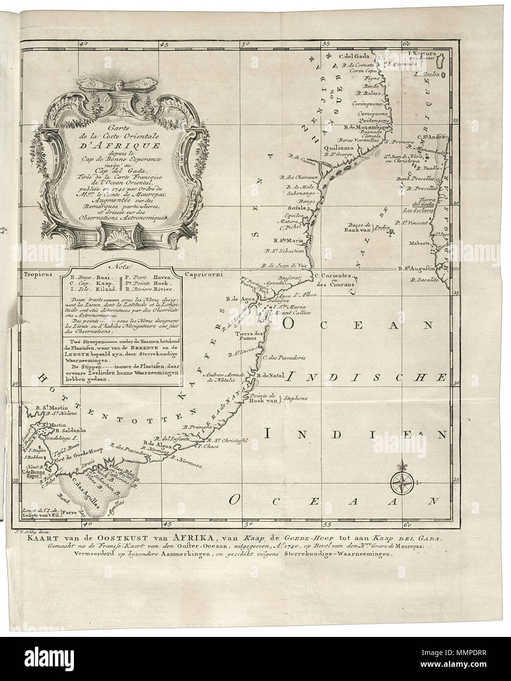 . Nederlands : Kaart van de oostkust van Afrika, van Kaap de Goede Hoop tot aan Kaap del Gada. Kaart van de Oostkust van Afrika, van Kaap de Goede Hoop tot aan Kaap del Gada. Carte / de la Coste / Orientale d'Afrique / depuis le / Cap de Bonne Esperance / jusq'au / Cap del Gada. De kaart est overgenomen van een Franse kaart uit 1740. Linksonder staan de brique afkortingen verklaard. Anglais : Carte de la côte est de l'Afrique, du Cap de Bonne Espérance au Cap del Gada. Kaart van de Oostkust van Afrika, van Kaap de Goede Hoop tot aan Kaap del Gada. Carte / de la Coste / d'Afrique Orientale Banque D'Images