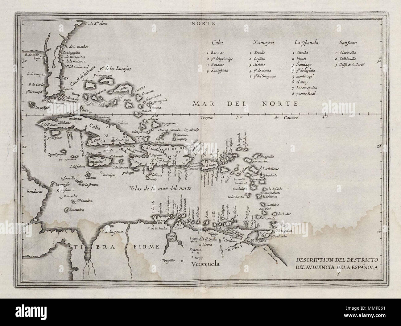 En Haut à Droite En Anglais Nederlands : Kaart van het gebied Caribisch. Description Del Delavdiencia  Destricto dela Española. Dans rechtsboven legenda de worden de plaatsnamen  verklaard. Anglais : Carte de la région des Caraïbes. Description Del