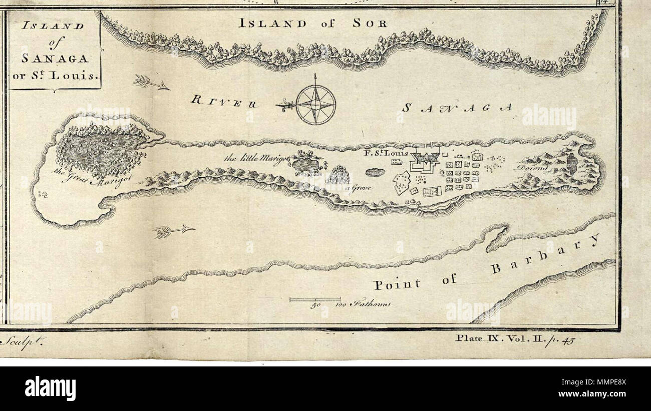 . Nederlands : Kaart van het eiland Sanaga de Saint Louis. Île de Sanaga ou St Louis. Rechtsonder : Planche IX. Tome II. p. 45. Anglais : Carte de l'île de Sanaga ou St Louis. Île de Sanaga ou St Louis. La plaque en bas à droite : IX. Tome II. p. 45. Nederlands : Kaart van het eiland Sanaga de Saint Louis Français : Carte de l'île de Sanaga ou Saint Louis . 1745. Créateur:G. Enfant Nederlands : Anoniem / Anonyme (uitgever), G. (graveur / etser) Anglais : Anoniem / Anonyme (éditeur), G. (Enfant / graveur aquafortiste) AMH-8163-KB Carte de l'île de Sanaga ou Saint Louis Banque D'Images