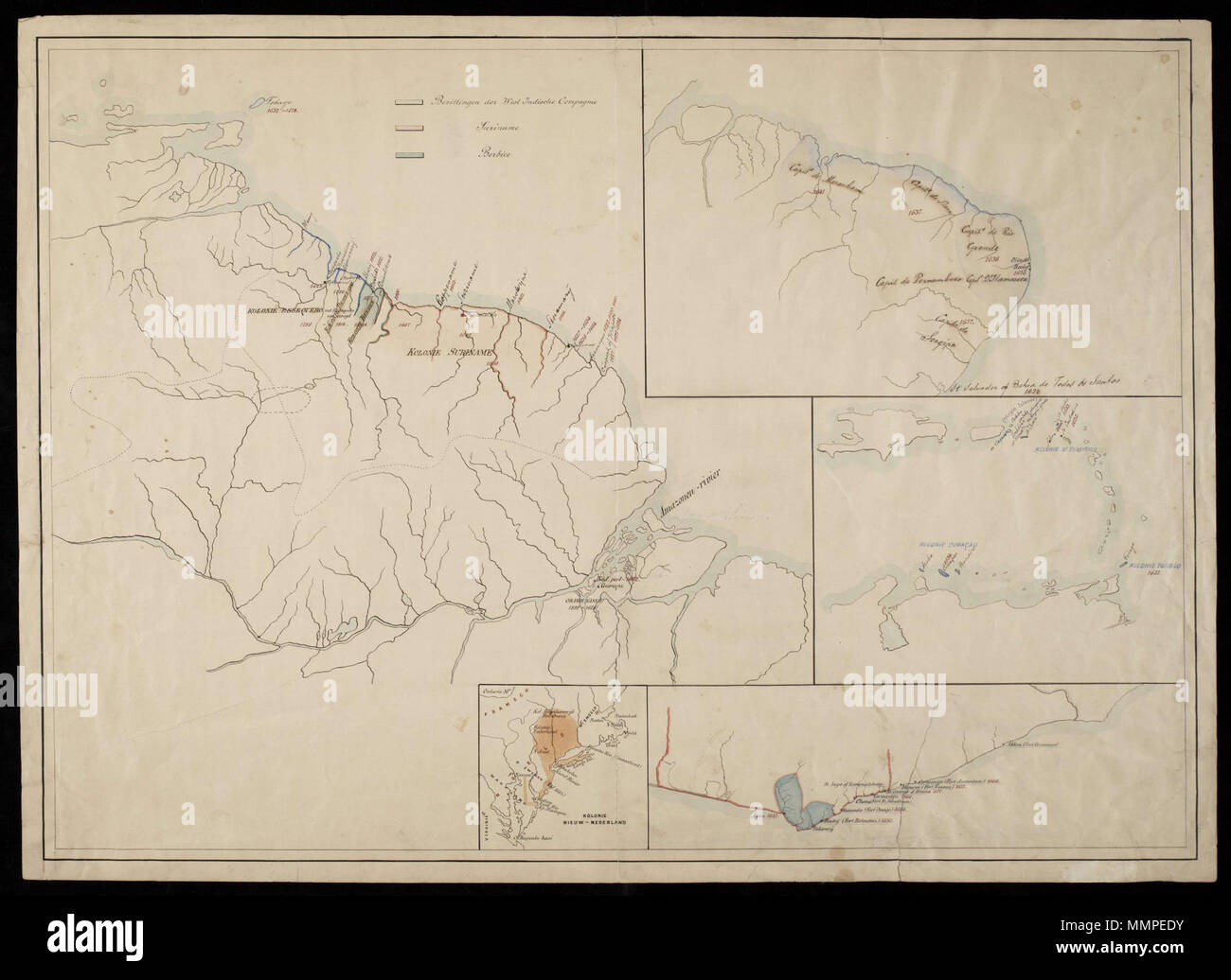 . Nederlands : negentiende-eeuwse historische kaart van Nederlandse bezittingen Altenbruchhausen dans Zuid, de Westkust van Afrika en New York. Titel dans Catalogus Leupe (NA) : van schetskaart Historische : a. de bezittingen van de W.I.C, de Societeit van Suriname en de Directie van Berbice en Guyane ; b. de bezittingen der W.I.C. dans Brazilië ; c. de kolonie Nieuw Nederland ; d. de koloniën Curaçao, Saint-Eustache en Niger. e. de Kust van bezittengen op de Guinée. Anglais : 19e siècle carte historique des possessions hollandaises en Amérique du Sud, la côte ouest de l'Afrique et à New York. Titre dans le catalogue Leupe Banque D'Images