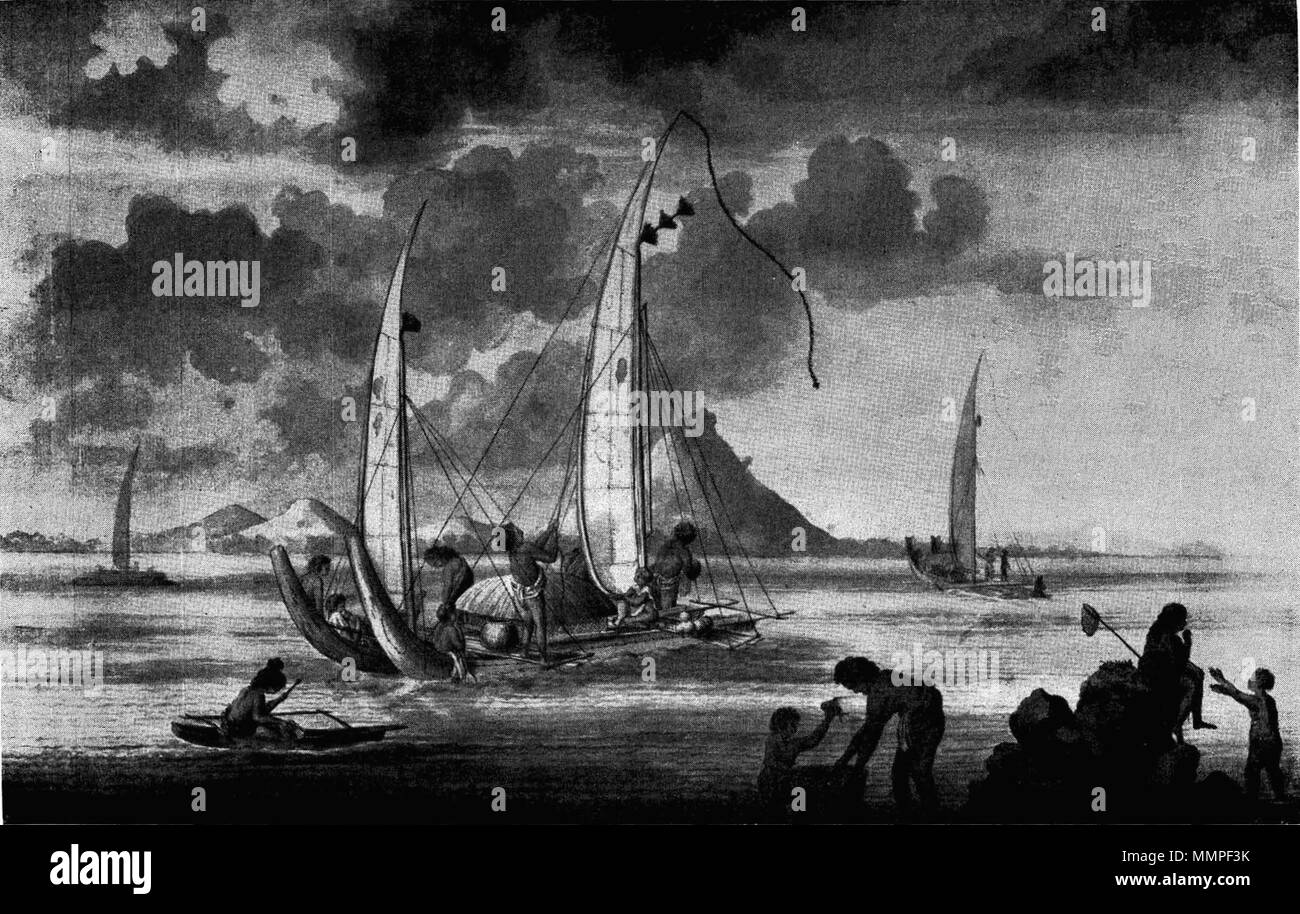 . Anglais : une scène dans les îles de la société. Un chien au museau pointu est visible près du mât arrière. À partir de la collection du Musée Britannique de dessins par A. Buchan, S. Parkinson et J. F. Miller, réalisés dans les pays visités par le capitaine Cook dans son premier voyage (1768-71), également d'impressions publié dans John Hawkesworth's voy- age de Biron, Wallis et Cook, 1773, ainsi que dans la deuxième et troisième voyages (1762-5, 1776-80). . Entre 1768 et 1771. A. Buchan, S. Parkinson ou J. F. Miller contient une scène dans la société Island, 1769-71 Banque D'Images