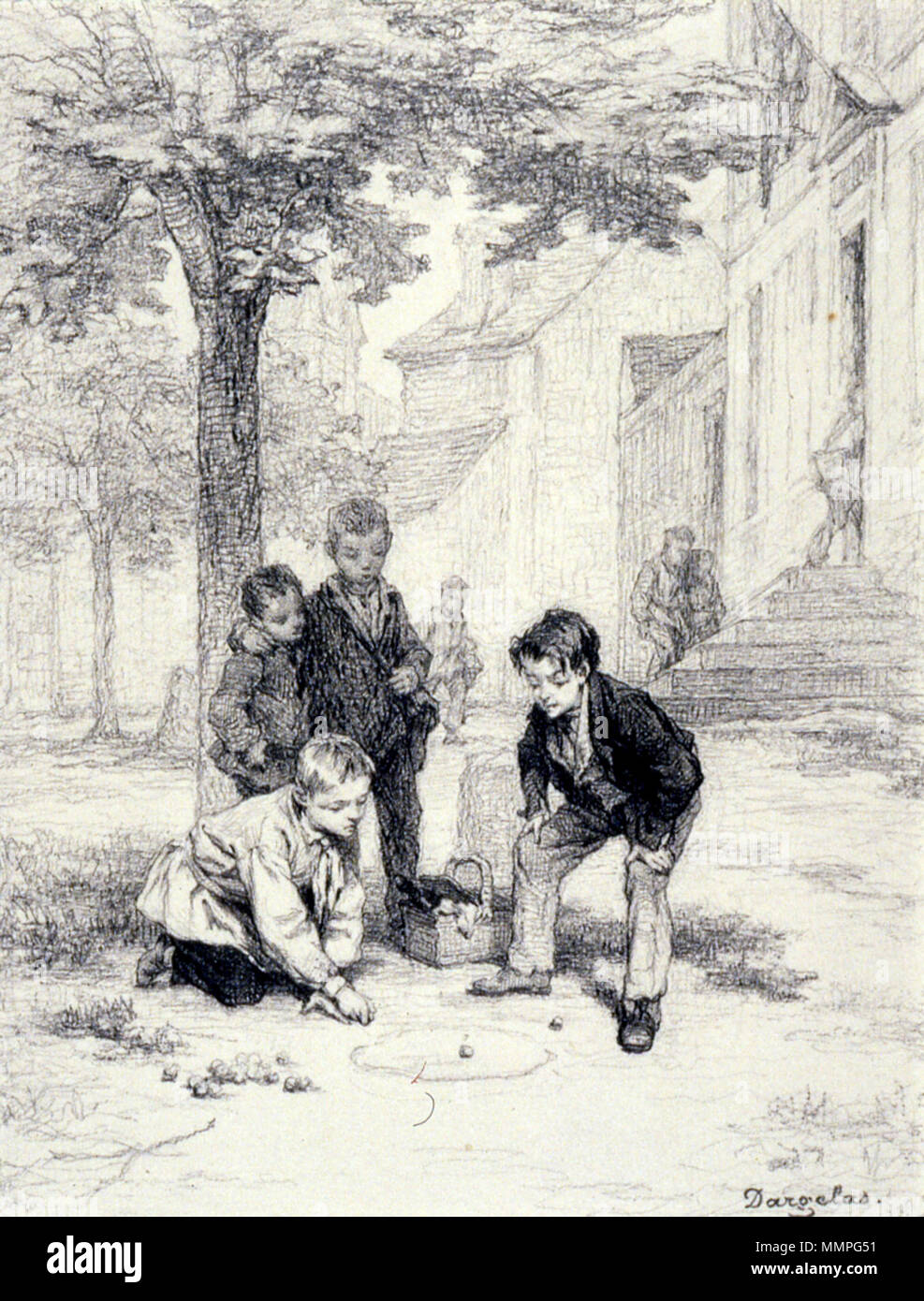 37,1636 André-Henri Dargelas (Français, 1828-1906). 'Les garçons jouant aux billes' ca. 1860. graphite sur légèrement texturé, modérément épais, papier vergé crème. Walters Art Museum (37,1636) : Acquis par William T. Walters. André-Henri Dargelas - garçons jouant aux billes - Walters 371636 Banque D'Images