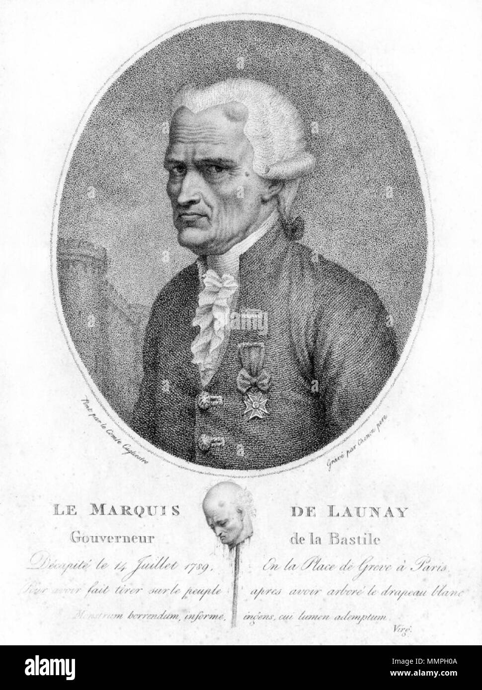 . Anglais : Portrait du Marquis de Launay, gouverneur de la Bastille. Ce jour-là(14 Juillet 1789), il a été tué par la foule furieuse. Après le meurtre, sa tête a été coupé, scié et a été fixée sur une pique pour être transportés à travers les rues. Le Marquis de Launay Banque D'Images