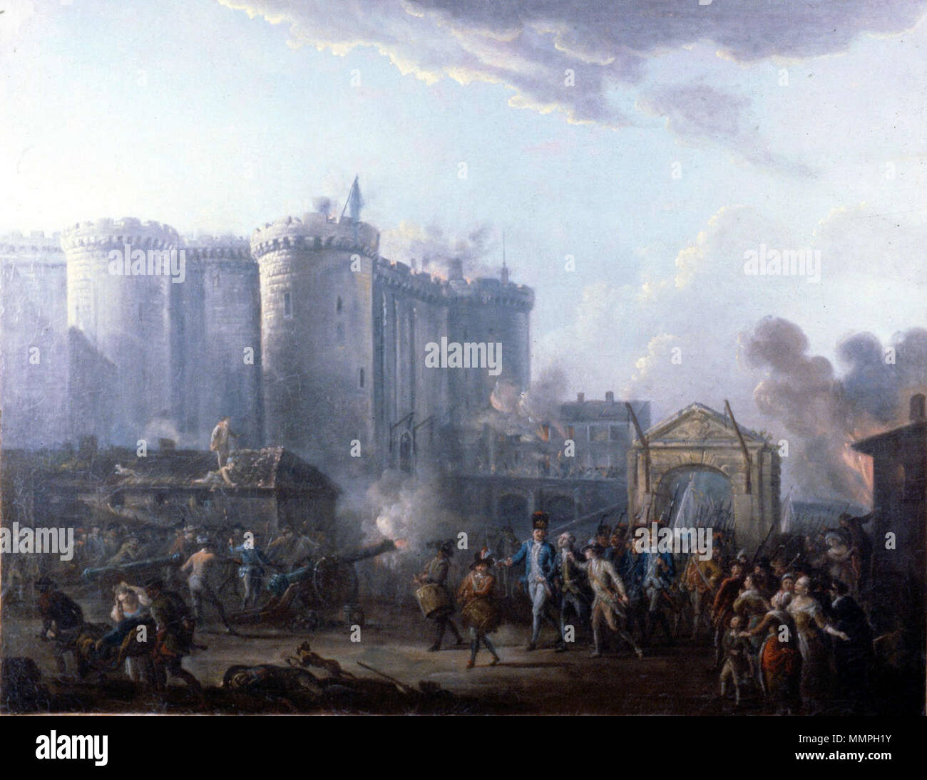 Anglais : Prise de la Bastille et l'arrestation du gouverneur M. de Launay, le 14 juillet 1789. Français : Prise de la Bastille et arrestation du gouverneur M. de Launay, le 14 juillet 1789. 1790. Lallemand - Arrestation du gouverneur de la Bastille - 1790 Banque D'Images