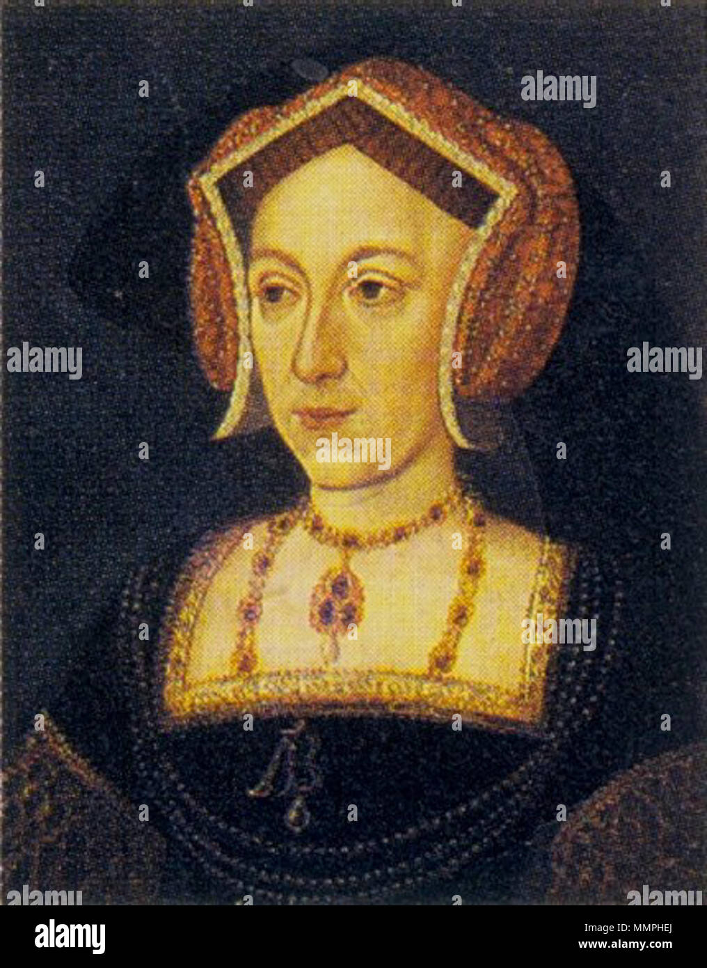. Anglais : Possible portrait d'Anne Boleyn en dehors d'une médaille endommagé, aucun portrait contemporain d'Anne Boleyn a survécu, peut-être parce que sa mémoire a été purgée après son exécution en 1536. Durant le règne de sa fille, Elizabeth I, cependant, sa mémoire a été relancé, et à la fin du 16e siècle, une mode pour les groupes d''Rois et Reines d'Angleterre' conduit à la peinture d'un certain nombre de portraits d'elle, de qui l'image actuelle est l'un. Les portraits de toute évidence proviennent de deux traditions distinctes, bien que l'étroitesse de la perte des originaux, voire pas du tout, n'est pas connu. Le portrait le plus souvent reprod Banque D'Images