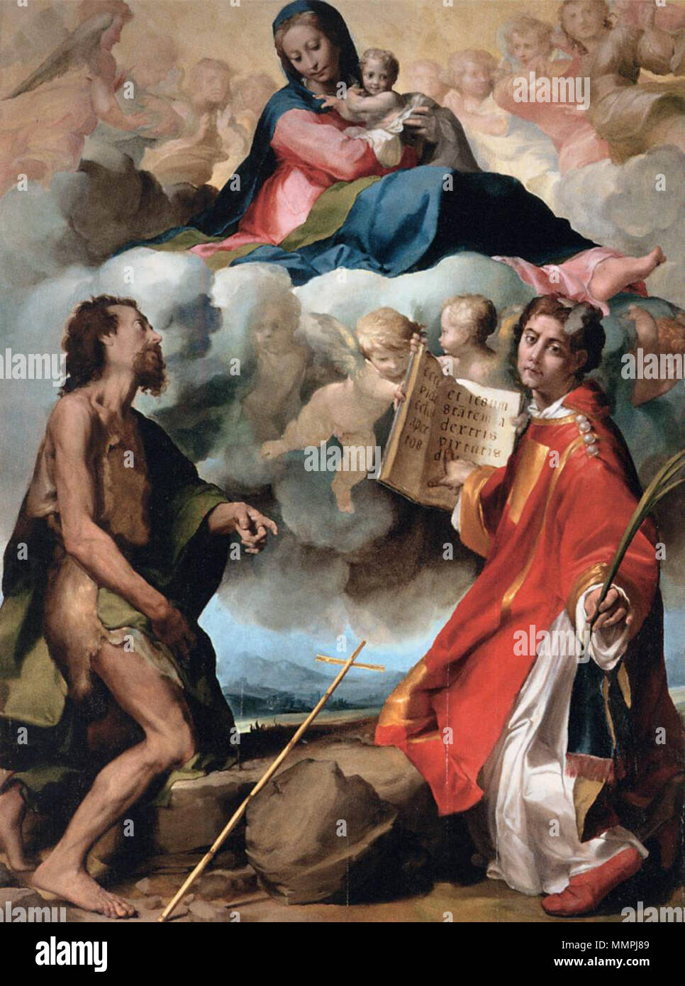 Vierge en gloire entourée de saints Jean le Baptiste et Stephen.[1] TITRE ALTERNATIF(s) : La Vierge à l'enfant en gloire avec saint Jean-Baptiste et Saint Étienne.[2]. Années 1530. Louvre Virgen Anselmi Banque D'Images