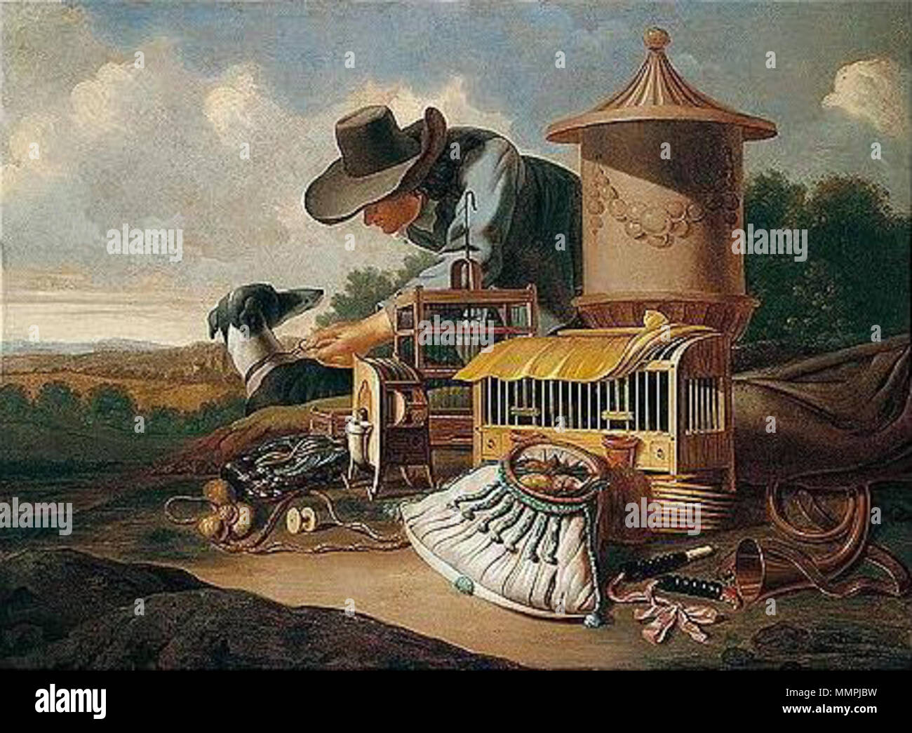 Nederlands : Stilleven van jachtgereedschap in een landschap met een hond, een jager erachter . 1670. Anthonie Leemans 001 Banque D'Images
