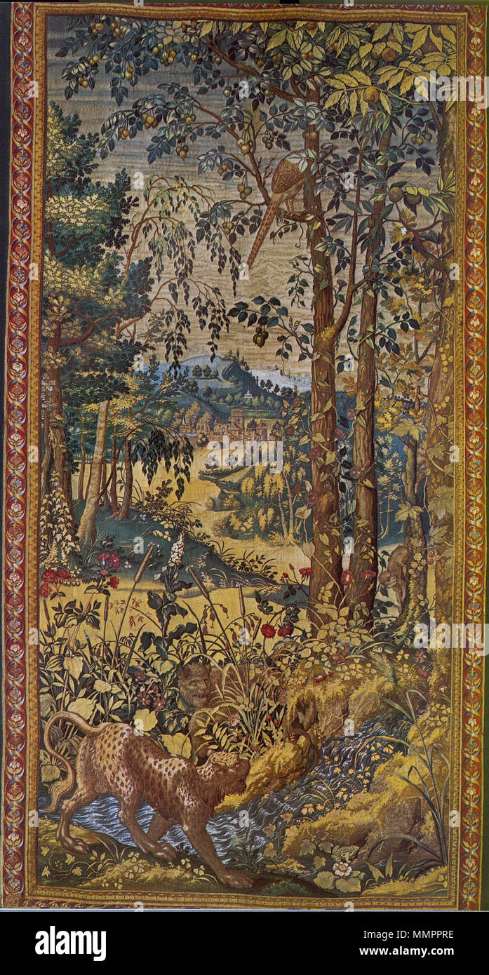. Anglais : deux léopards, faisan et prosimian - verdure. Polski : lamparty bażant Dwa, j'małpka werdiura -. . Vers 1555. L'atelier de Jan Van Tieghem (conception d'un artiste de l'école de Pieter Coecke van Aalst). Scan par Marcin Miler, upload par Pawe ? Arras 6 Drozdp Drozd Banque D'Images