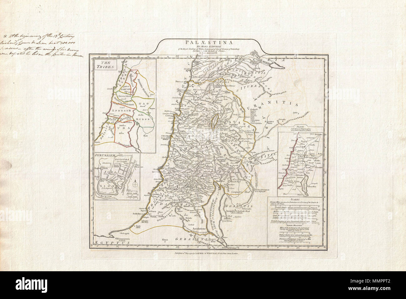 . Anglais : une grande et spectaculaire J. B. B. D'Anville, la carte de la Palestine, Israël, ou la Terre Sainte. Capots de l'ancienne ville de Sidon en jour moderne du sud Liban en ce qui concerne la ville de Gaza et l'Égypte. Détails montagnes, rivières, villes, routes, et les lacs avec les divisions politiques à l'évidence en couleur de contour. Dispose de trois cartouches. Le coin supérieur gauche de l'encart détails des terres revendiquées par chacune des tribus d'Israël. La partie inférieure gauche de l'encart dispose d'un plan de Jérusalem tel qu'il a peut-être consulté dans l'antiquité. Note le Temple, calvaire, et le Mont des Oliviers. Plus d'un encart dans le quadrant inférieur droit montre di Banque D'Images