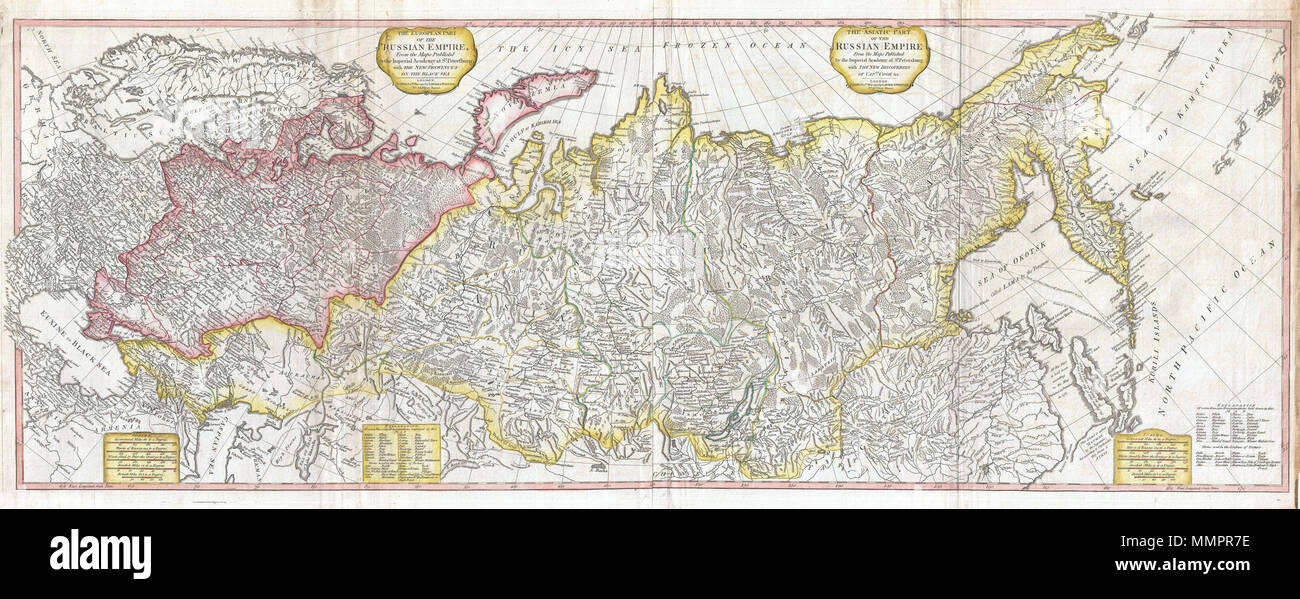 . Anglais : Une rare et magnifiquement proportionné 1794 carte murale de l'Empire russe par Laurie et Whittle. S'étend de la mer du Nord et la Mer Noire vers l'est aussi loin que la Sibérie et le détroit de Behring. S'étend au sud de la Chine et la mer d'Aral et nord pour inclure l'île de Nova Zembla et l'Arctique. Un code de couleur en fonction de la région avec la Russie en Europe dans les tons de rouge et rose, et la Russie en Asie dans les tons jaunes et verts. Cette carte est le plus intéressant dans son extrême de l'Est, qui, lorsque cette carte est tirée, venait seulement d'être explorées. Les explorations de Vitus Behring sont très Banque D'Images
