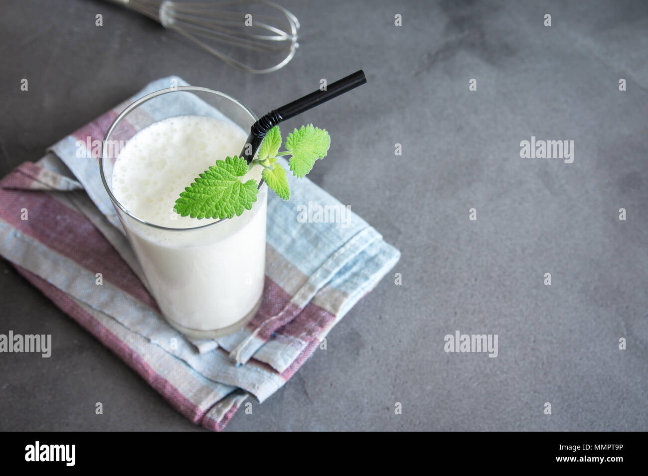 Plaine des yaourts frais (yaourts, yaourts, kéfir, ayran, lassi) en verre avec des herbes sur fond gris, l'espace de copie. Froid da fermenté probiotique Banque D'Images