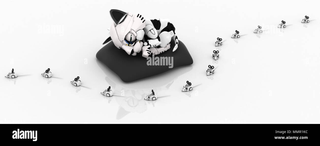 Chaton robotique avec des souris 3d illustration, horizontal, isolé Banque D'Images