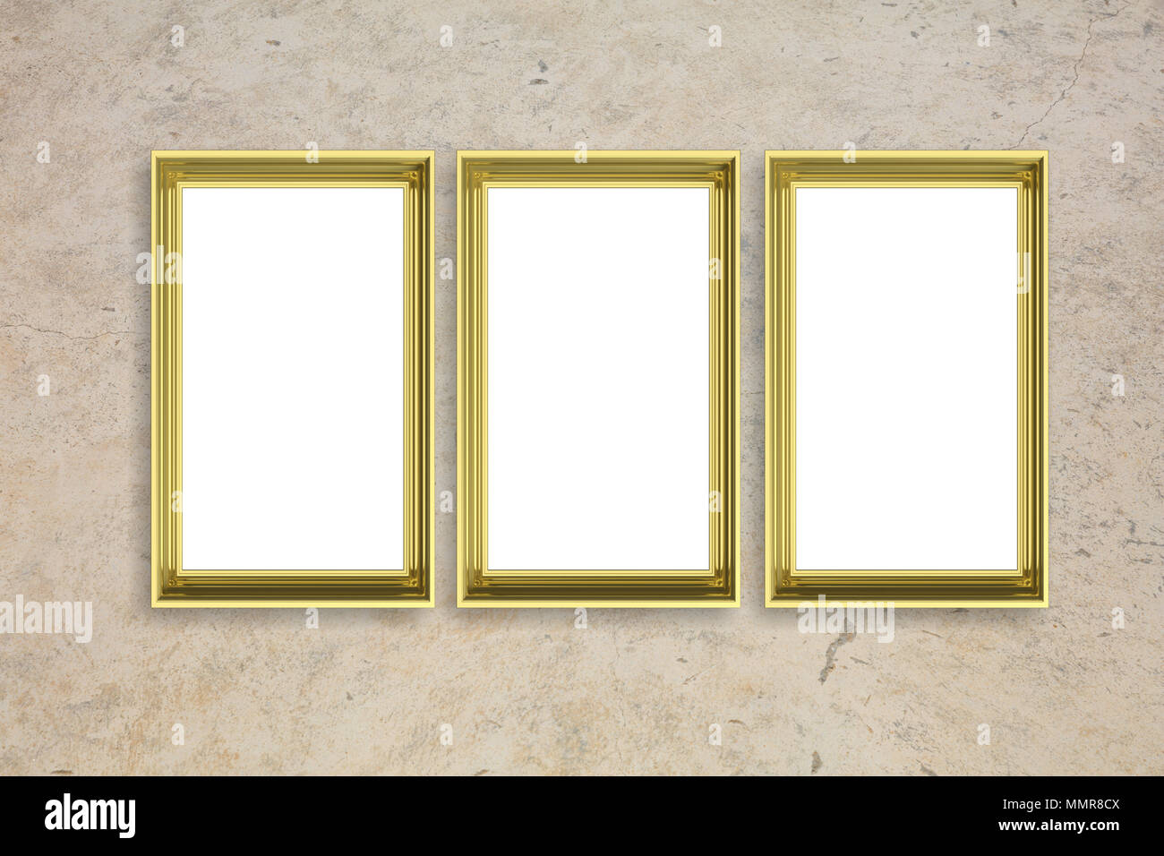 Frames golden isolé sur fond de mur de pierre beige avec copie espace pour texte, 3d illustration Banque D'Images