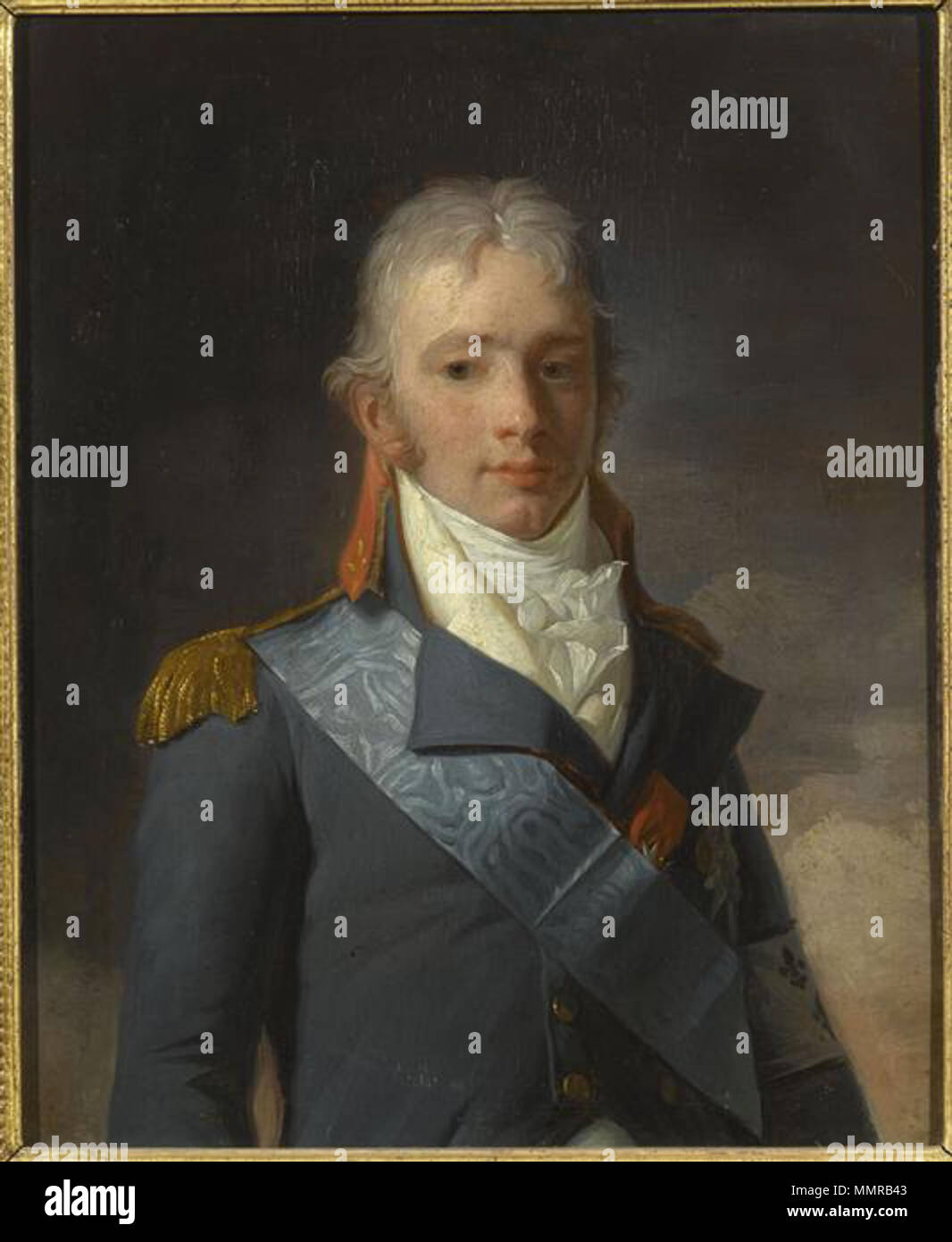 English : Charles Ferdinand d'Artois (1778-1820), duc de Berry, en uniforme de la cavalerie noble de l'Armée de Condé, fils exil à Edimbourg en 1796 (second fils du comte d'Artois, futur Charles X) . vers 1796. Danloux - Charles Ferdinand d'Artois (1778-1820), duc de Berry Banque D'Images