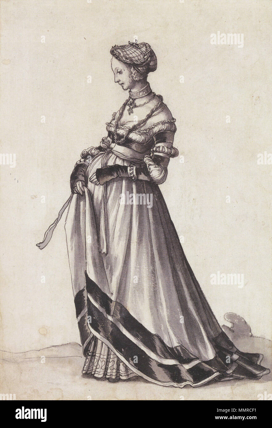 Anglais : femme de Bâle s'est tourné vers la gauche, le costume de l'étude.  Encre et plume, pinceau et Lavis, gris 29,1 × 19,7 cm, Kunstmuseum de Bâle.  Le but d'Holbein's