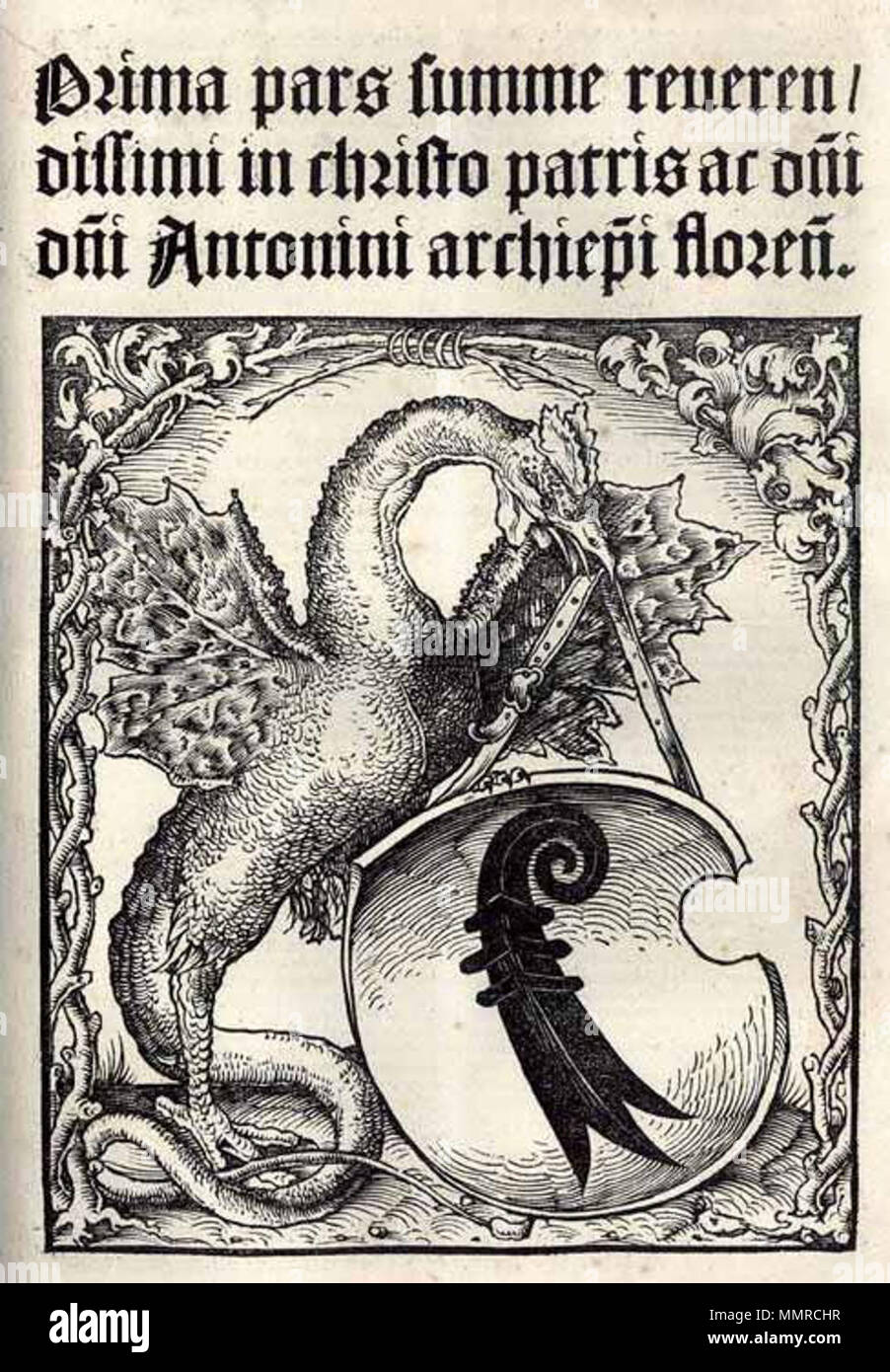 . Anglais : blasons de Bâle avec basilisk comme supporteur. Gravure sur bois par Maître D.S. de Prima pars révérend Été/issimi in Christo patris ac d[omi]ni D[omi]ni Antonini Archiep[iscop]je Floren[tini] & Repertorium en 1 volume (Bâle, Petri, Johann Amerbach, Johann u. Johann Froben, 15011 (d.i. Circa 1511) . Entre 1503 et 1515 environ. Capitaine D.S. ( = probablement Daniel Schwegler, b. Vers 1480, d. avant 1546 ; http://www.hls-dhs-dss.ch/textes/d/D48490.php) Schildhalter Basilisk Basel Banque D'Images