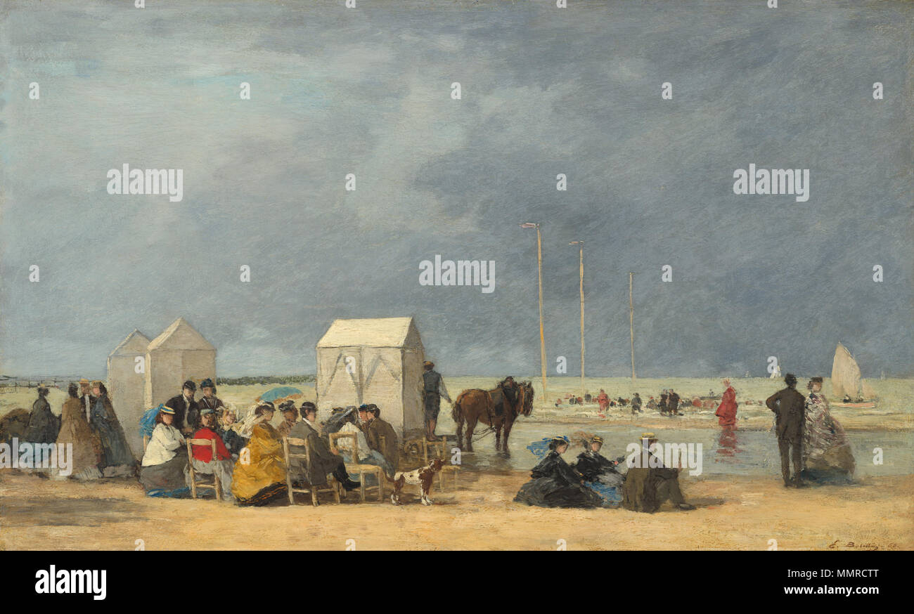 Echelle de temps à Deauville peinture huile sur bois ; total : 34,7 x 57,5 cm (13 11/16 x 22 5/8 in.) : 58,4 x 81,6 encadré x 12,7 cm (23 x 32 1/8 x 5 in.) ; temps de baignade à Deauville-1865-Eugène Boudin Banque D'Images