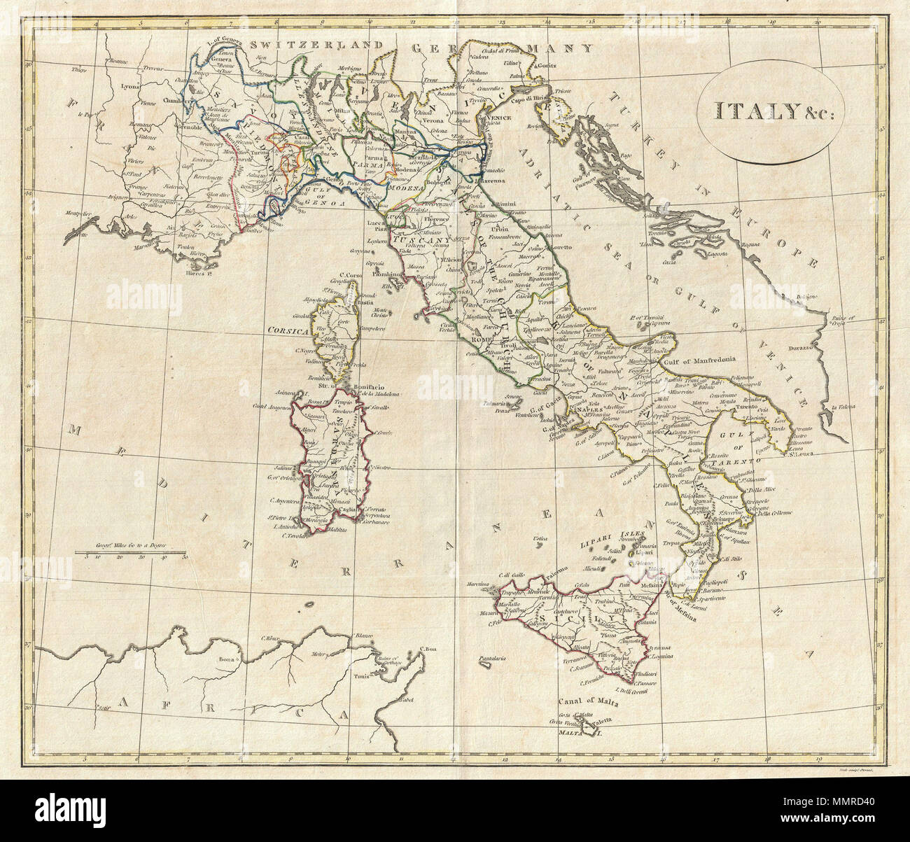 . Anglais : une amende 1799 Carte de l'Italie par l'éditeur du site anglais Clement Cruttwell. Montre l'ensemble du pays y compris les îles de la Sicile, la Sardaigne, et la Corse, et Malte. Comprend les régions du Piémont, de la Savoie, Allesandrine, Parme, Gênes, Venise, Modène, la Toscane, les États de l'Église, et Naples. À ce stade dans le temps l'Italie était en train de devenir une partie importante de la "Grand Tour" d'une période dans laquelle, pour la plupart étrangers, des aristocrates britanniques ont visité la France, l'Italie et la Grèce pour apprécier leurs arts, cultures, et monuments historiques. Les villes de Venise et de Rome ont été les principales attractions de thes Banque D'Images
