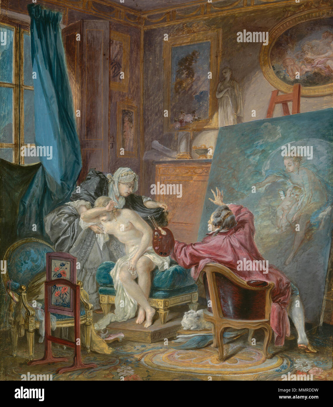 Dessin gouache et mine de plomb sur vélin, monté sur carton ; Total : 40,6 x 35,7 cm (16 x 14 1/16 in.) Encadré : 57 x 53,3 x 6 cm (22 x 21 7/16 x 2 3/8 in.) ; Baudouin, Pierre Antoine - Le modèle honnête - 1769 Banque D'Images