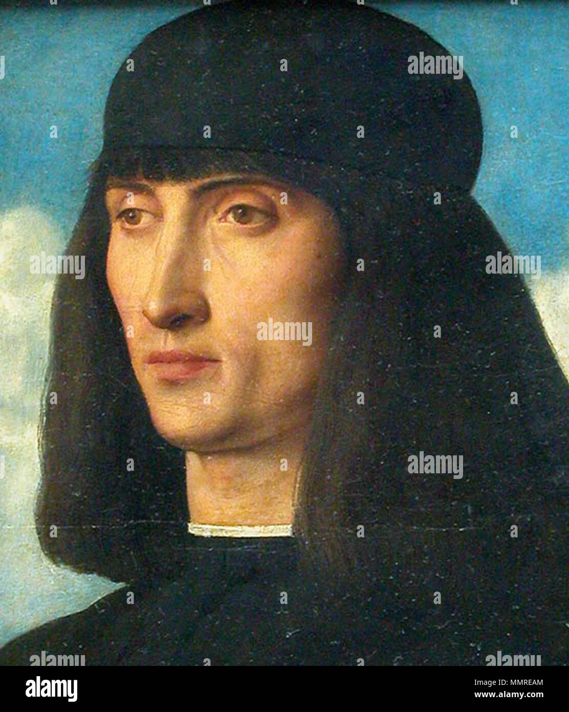 . Italiano : Giovanni Bellini - Ritratto viril H. : 0,32 m.  ; L. : 0,25 m. - Olio su tavola vers 1490 - 1495 - Louvre Paris Portrait d'un homme. 22 octobre 2014, 12:45:25. Bellini - Ritratto viril (2) - Louvre Paris Banque D'Images