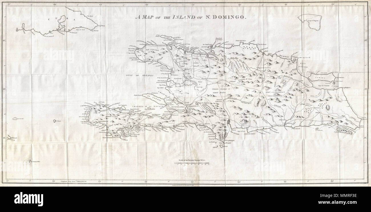 . Anglais : Un important et spectaculaire carte de l'île de Saint-domingue (Santo Domingo) ou Hispaniola préparé par Bryan Edwards et publié par John Stockdale en 1800. Couvre l'île au complet offrant des détails importants dans l'ensemble. Edwards comprend des notes sur la navigabilité des diverses rives, observations sur l'habitation et de la population, révèle la nature du paysage, et identifie les villes et routes principales telles qu'elles existaient. Il comprend également la ligne de démarcation entre le français et l'espagnol de l'île telles que définies en 1776. Ces divisions allait évoluer en Haïti et la République Dominicaine Banque D'Images