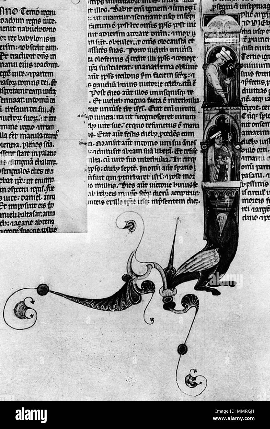 Anglais : Bible, l. 169v, je initial(n , asveri qui regnavit) avec Esther corde donnant à Haman. Polski : Biblia, k. 169v, inicja ? J(n , asveri qui regnavit) Ester z ? Podaj ?c ? Hamanowi sznur. vers 1300. L'École bolognaise 3 Bible Banque D'Images