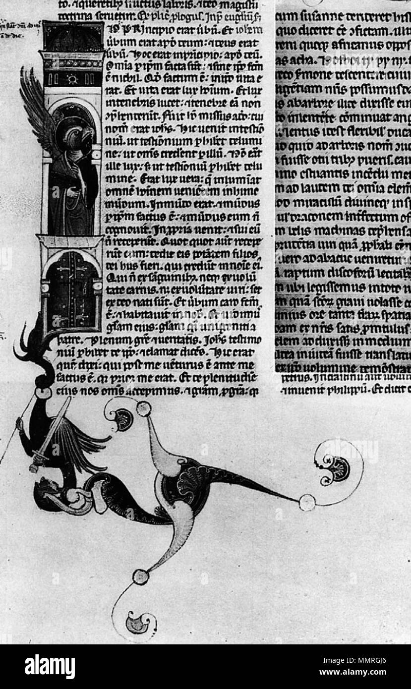 Anglais : Bible, l. 358, première je(n principio). Polski : Biblia, k. 358, inicja ? J(n principio). vers 1300. L'École bolognaise 2 Bible Banque D'Images